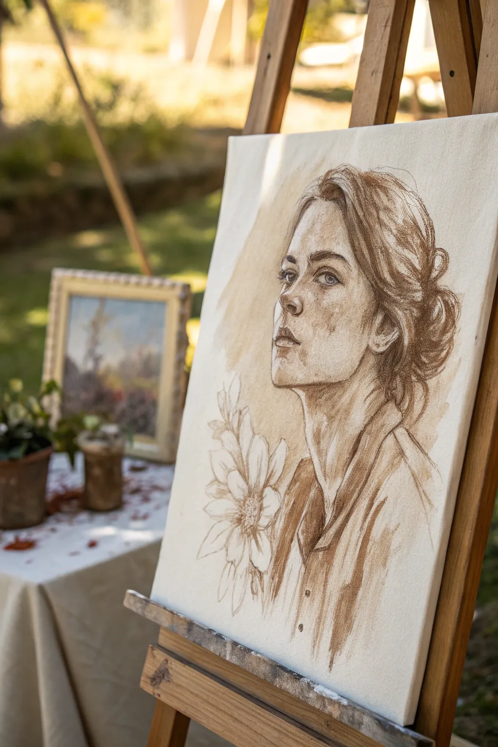 Brown ink wash portrait study on canvas, minimalist yet warm, with soft edges and deep shadows