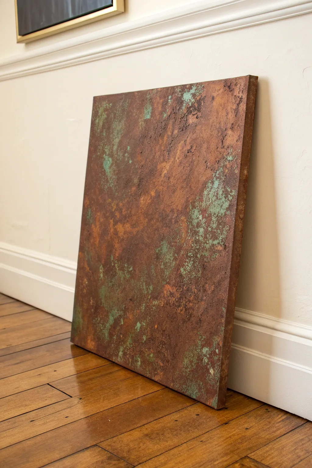 Bronze patina texture: deep browns with metallic highlights and soft green oxidation accents
