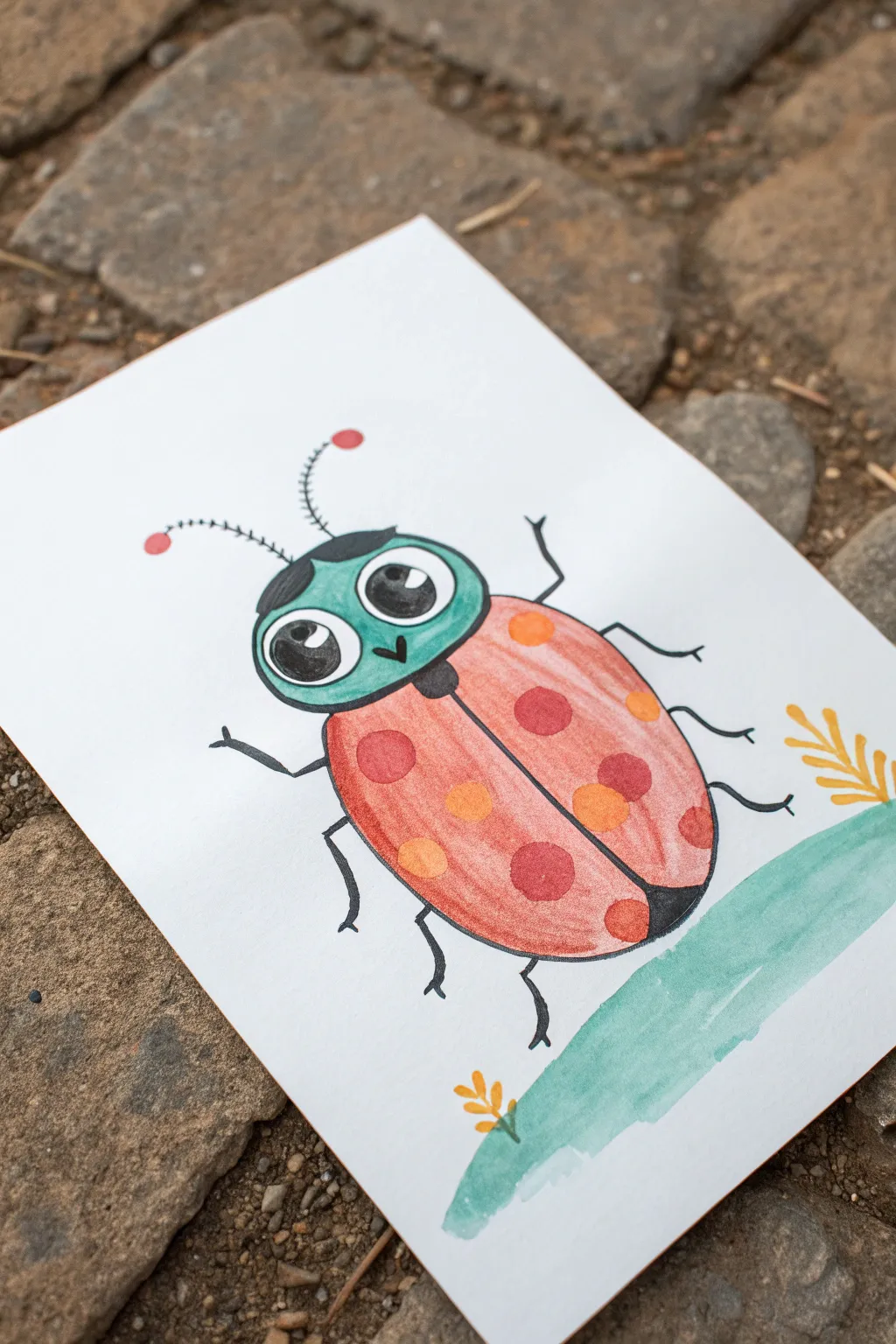 Cartoon bug painting with oversized eyes and bright colors in a clean minimalist style