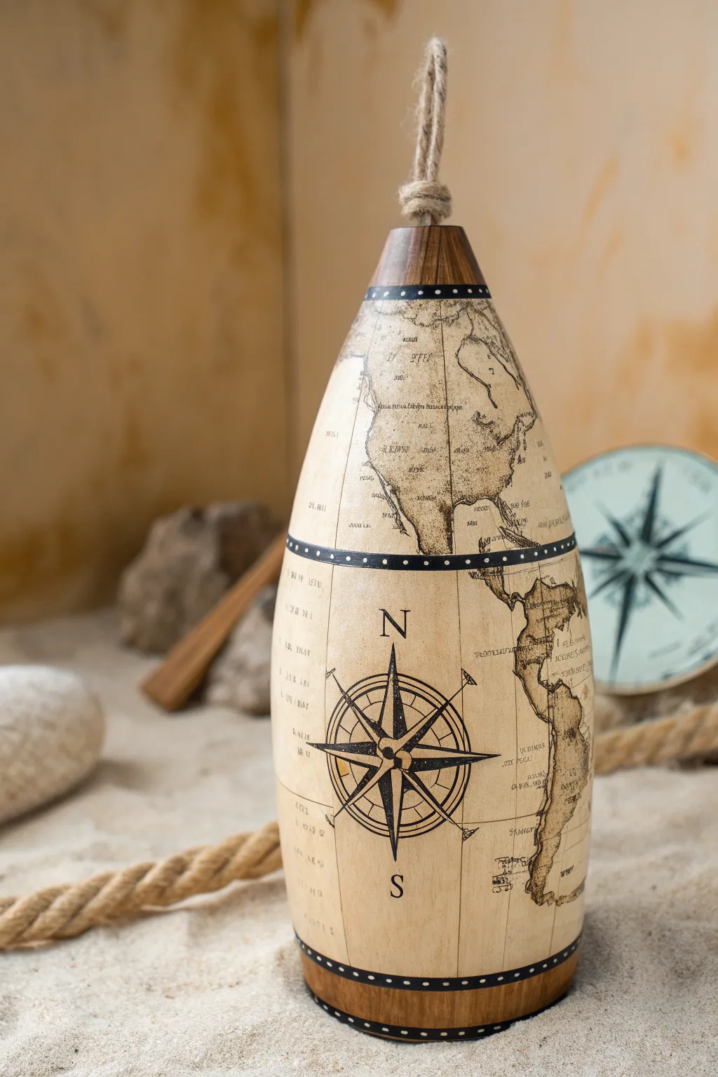 Minimalist buoy with contour-map lines and compass rose in warm parchment tones.