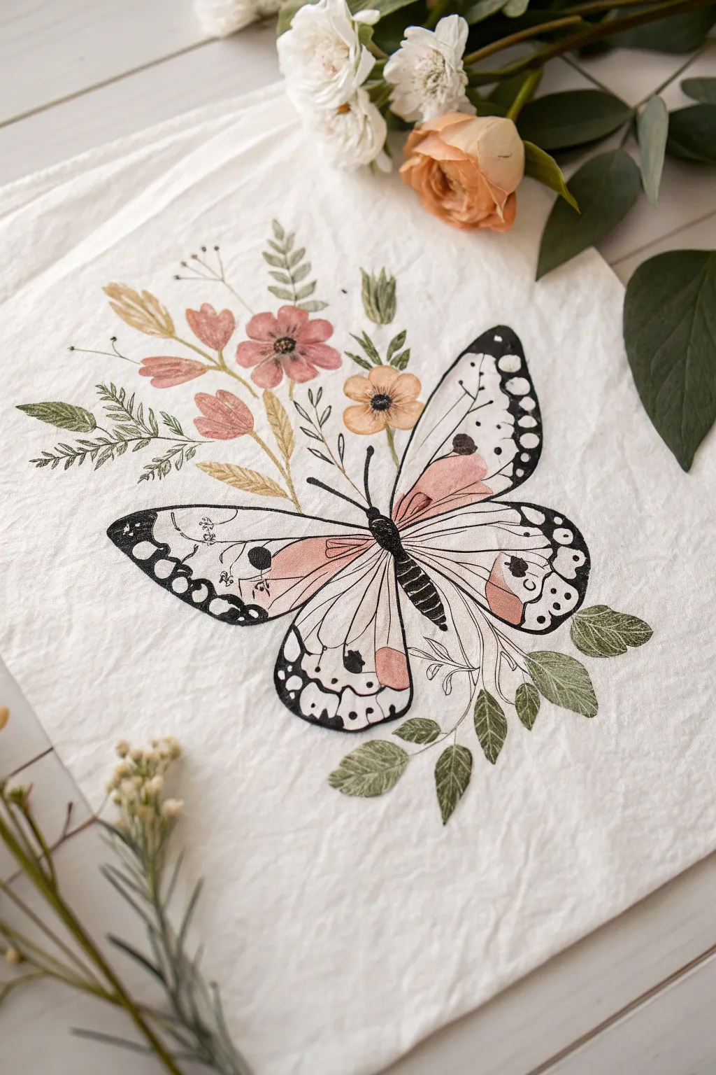 Floral butterfly wings filled with tiny botanicals, clean ink lines and soft boho watercolor hues.