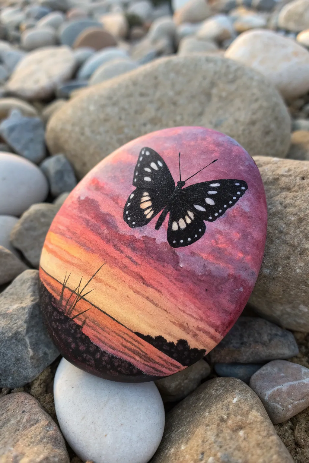 Sunset ombré rock with a bold butterfly silhouette, minimalist and calming for an easy DIY paint idea