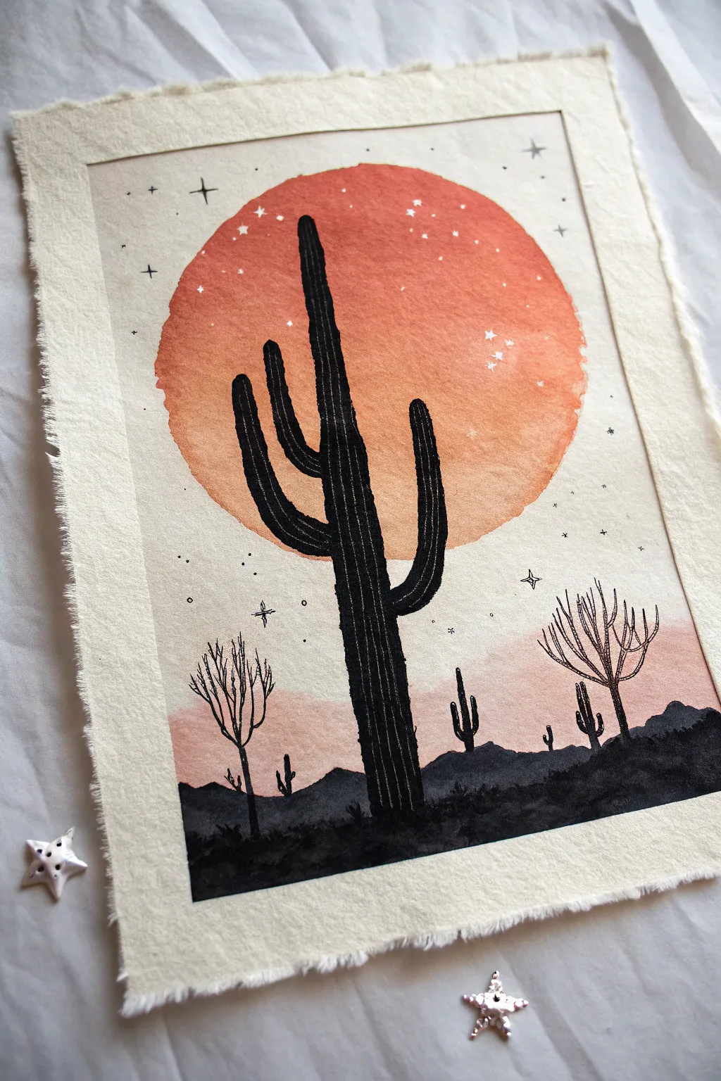 Minimalist cactus silhouette on a layered sunset circle, high contrast and serene boho vibes
