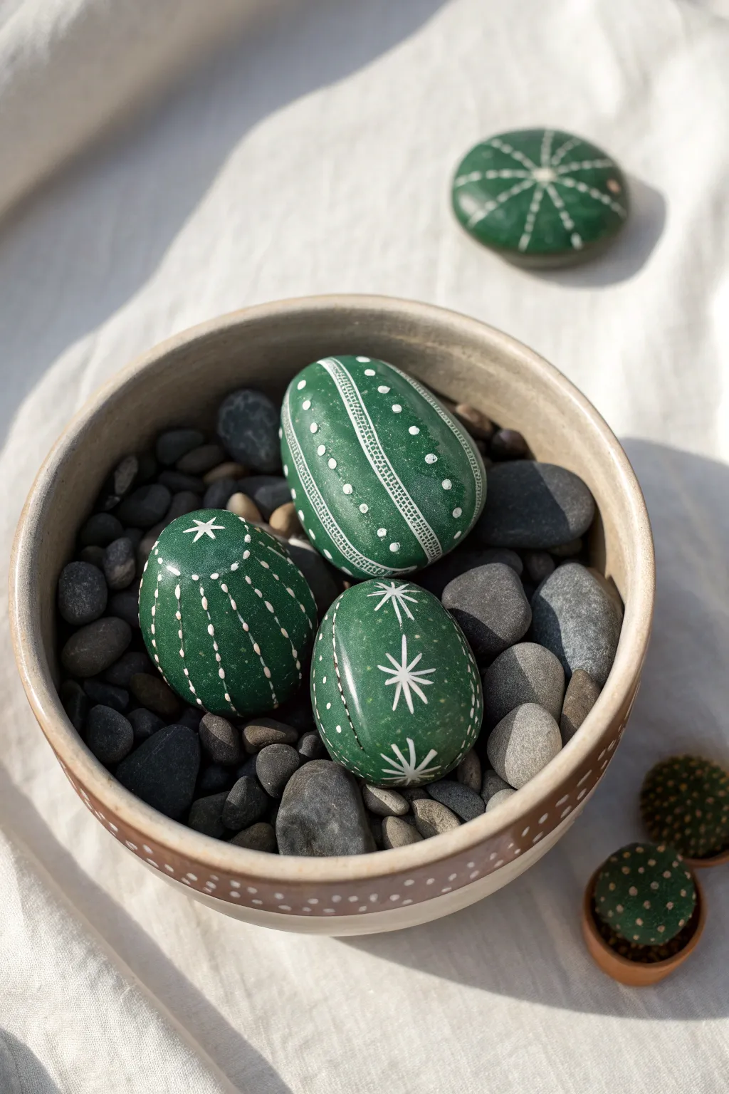 Night desert cactus rocks in dark pebbles, deep greens with starry accents for a cozy vibe.