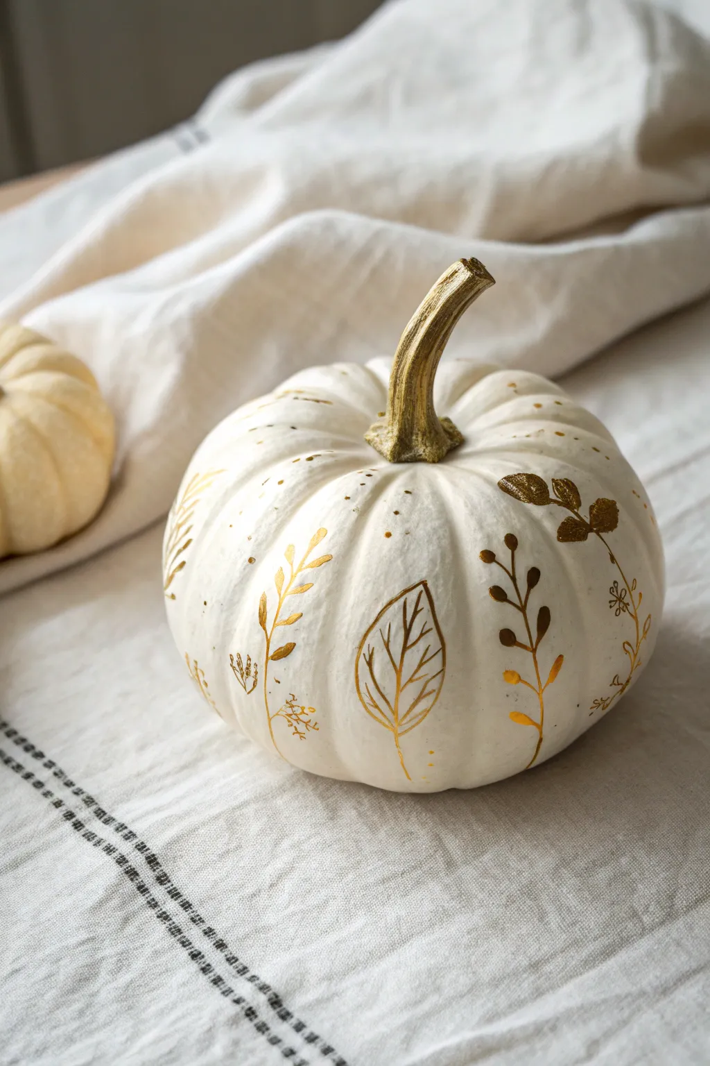 Calabaza blanca con líneas metálicas doradas, minimalista y boho para inspirar tu pintura.