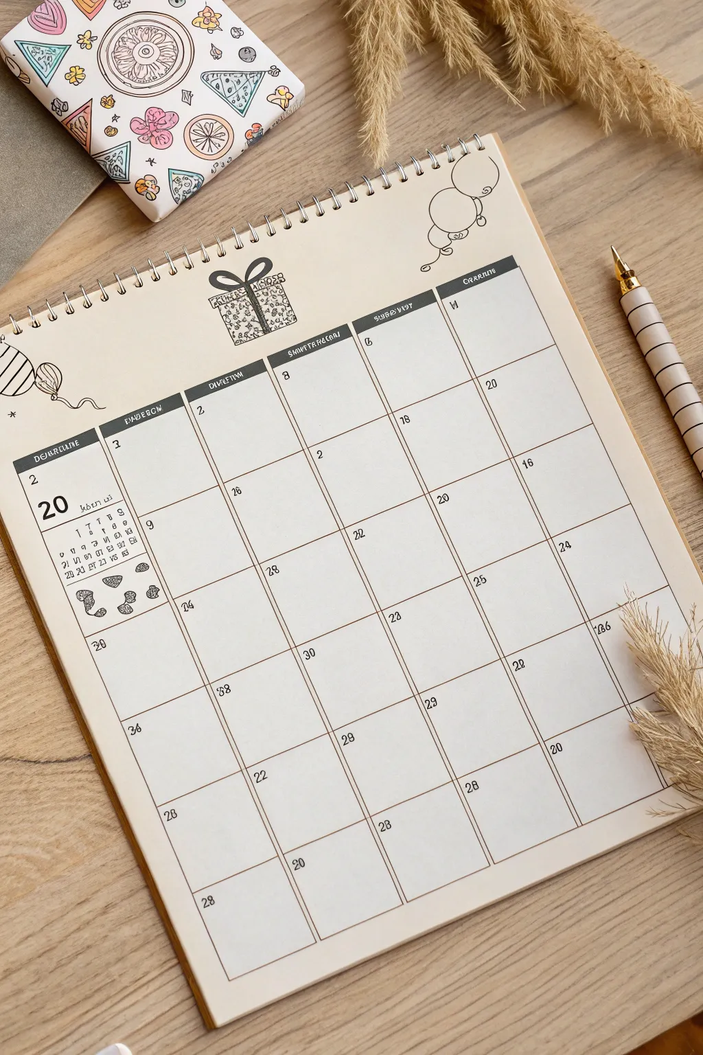 Playful stamp-style celebration doodles that pop on a minimalist blank calendar grid