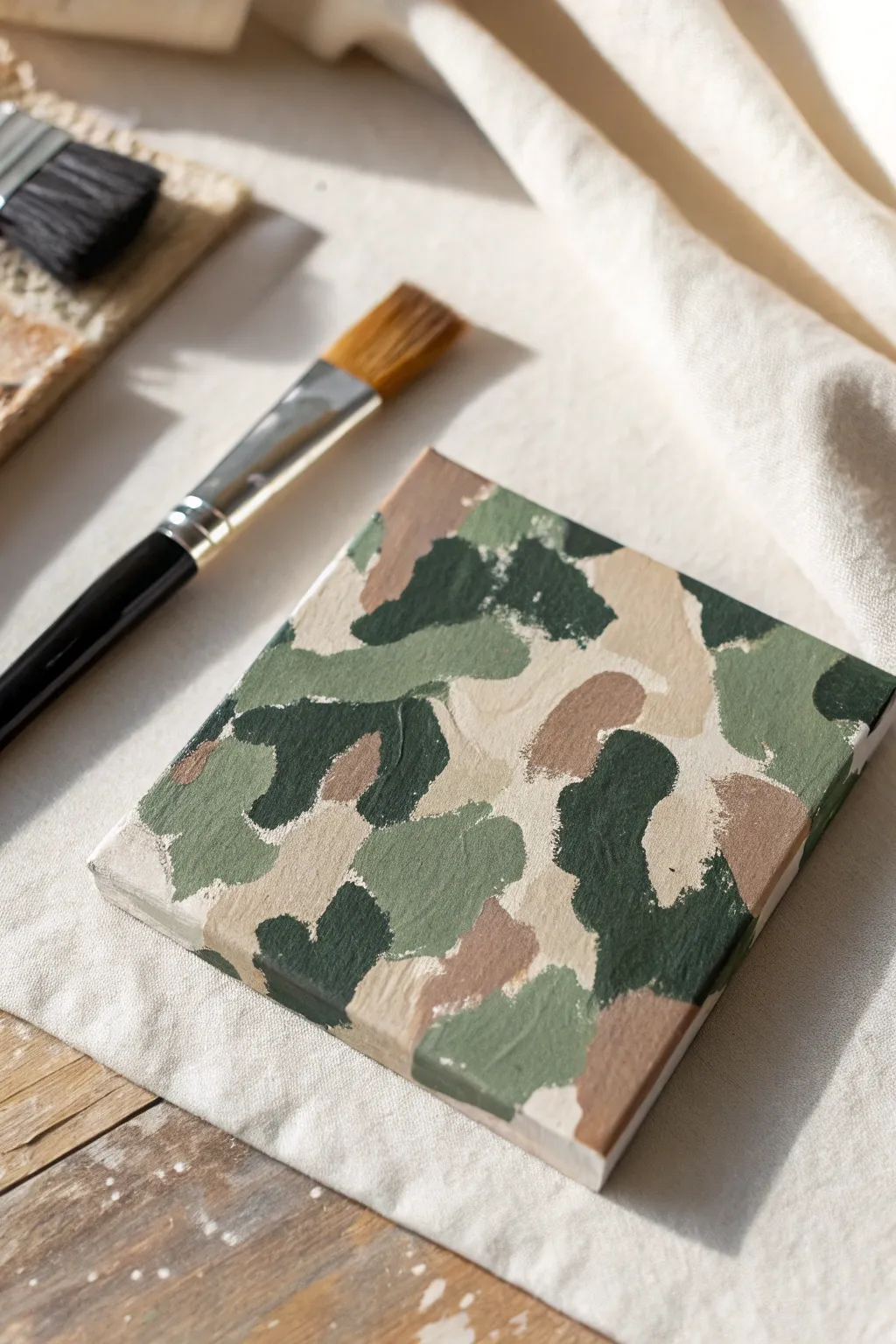Raised textured camo swatch with side-lit shadows for easy, tactile camouflage painting ideas