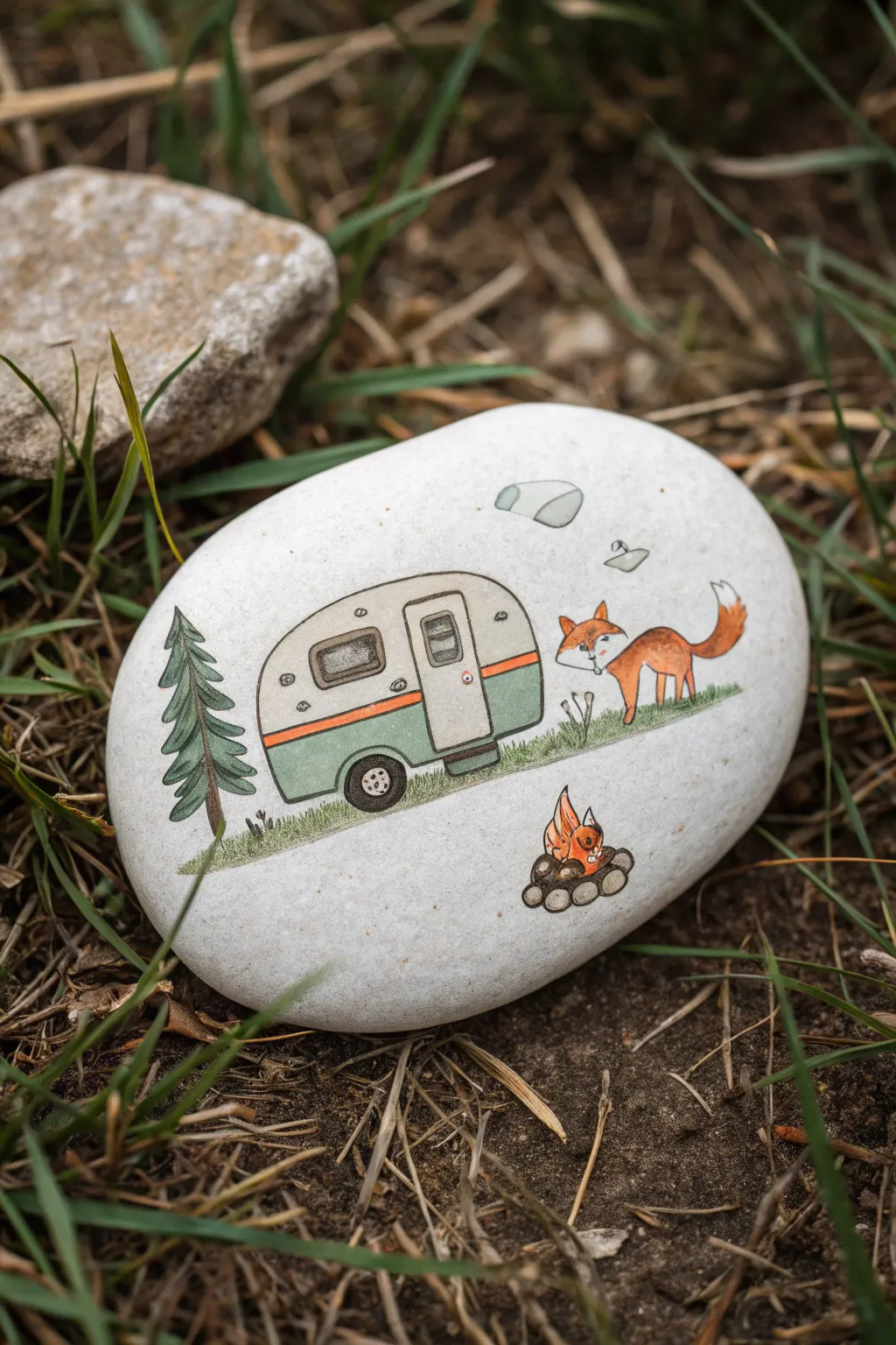 A cozy camper rock painting with a fox and rabbit in soft Scandinavian boho woodland style.