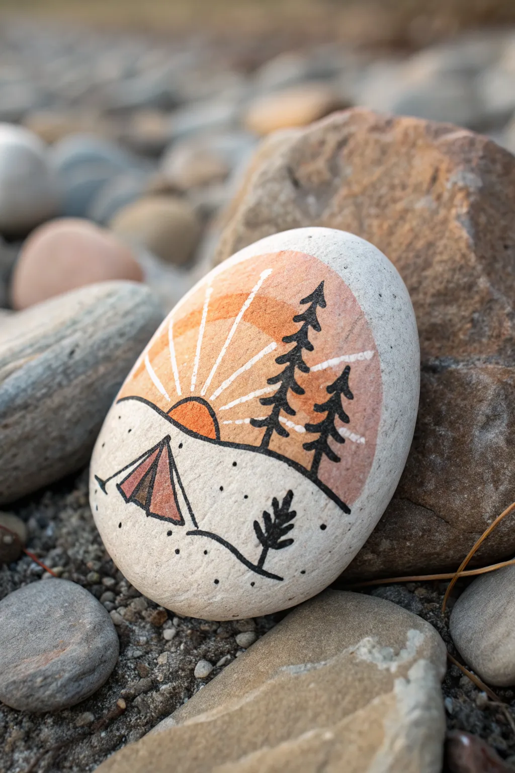 Cozy steaming camp mug rock idea with sunrise gradient and simple pine icon, clean minimalist style.