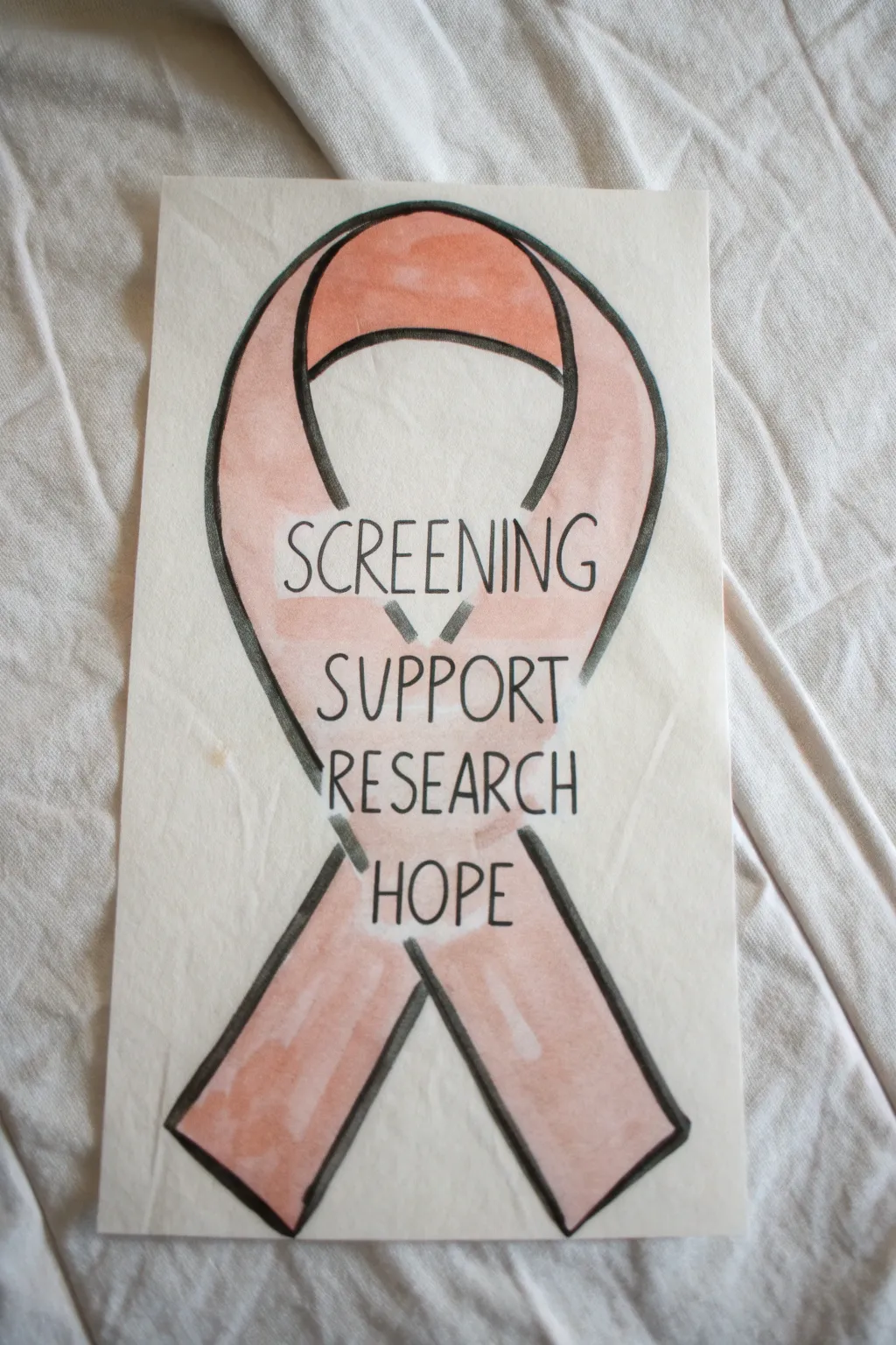 Minimal ribbon with gentle hand lettering inside, a calm cancer drawing idea in soft neutrals