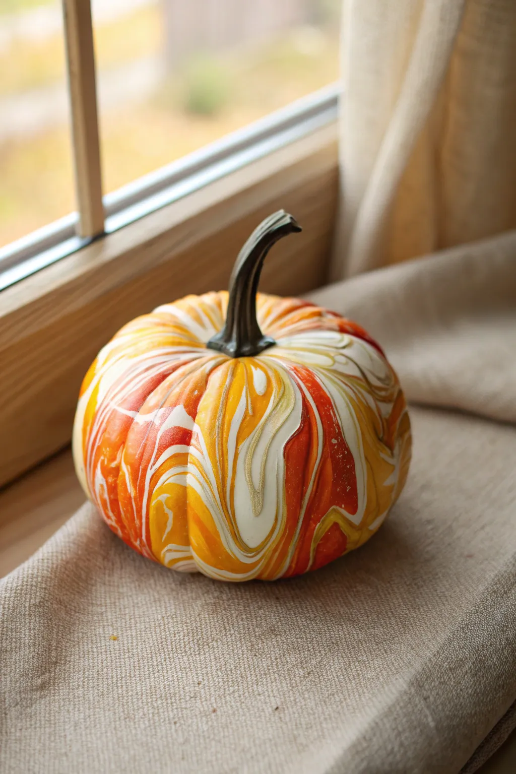 Glossy candy corn marble swirls on a pumpkin, minimalist fall inspo for easy painting
