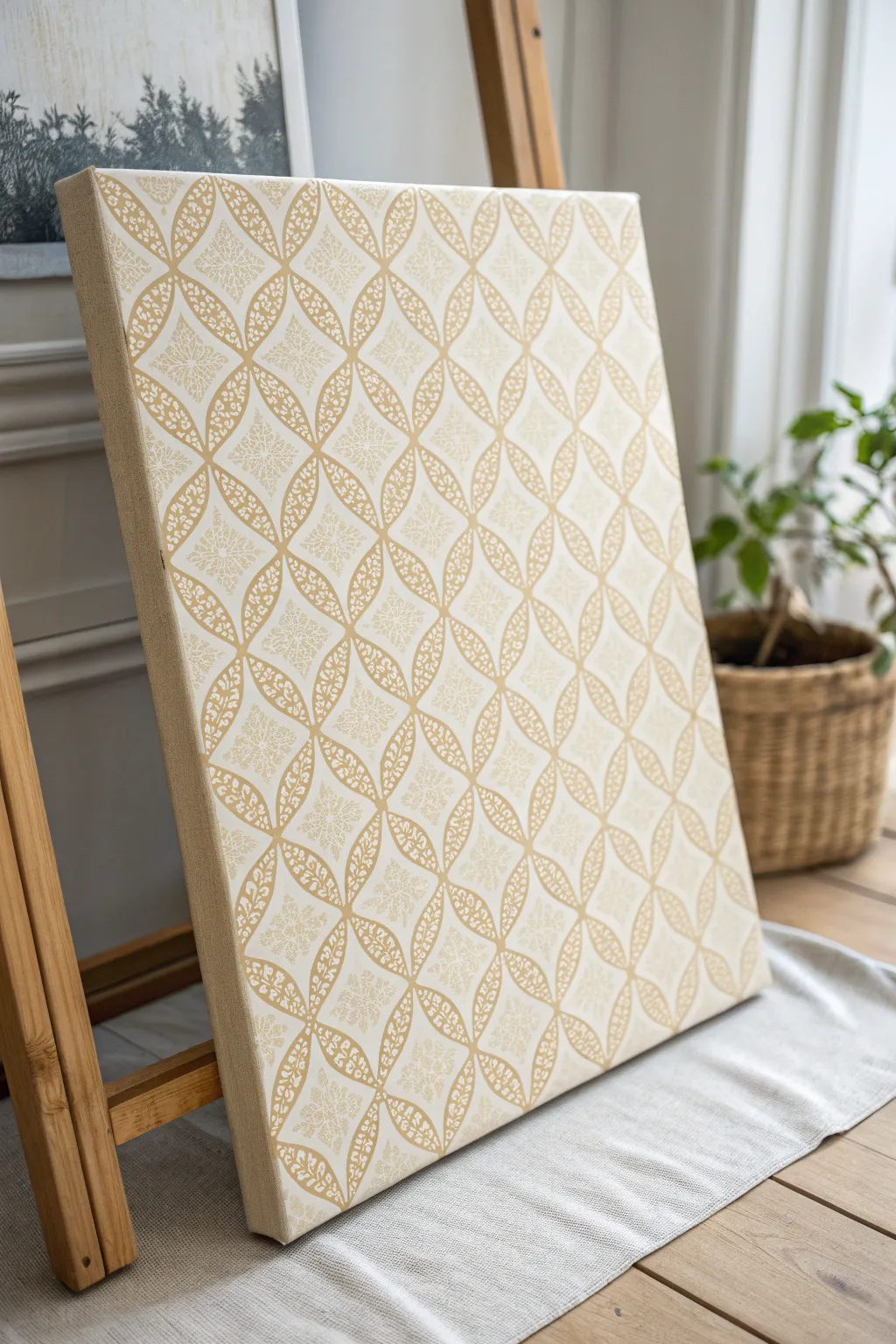 Soft stencil pattern layered on a neutral base creates a calm, modern canvas background.