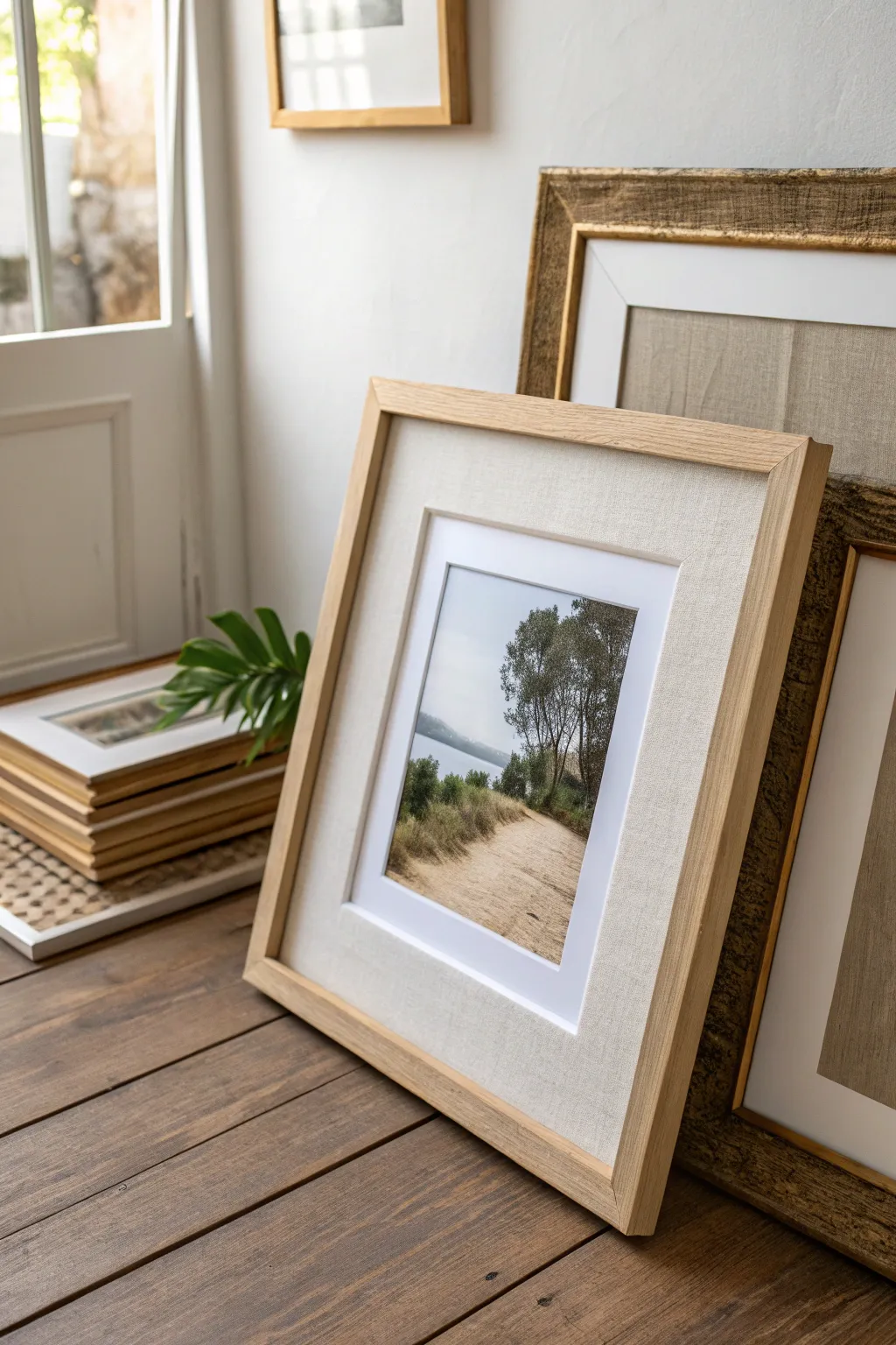 Layered frame within a frame adds sculptural depth, crisp shadows, and minimalist warmth.