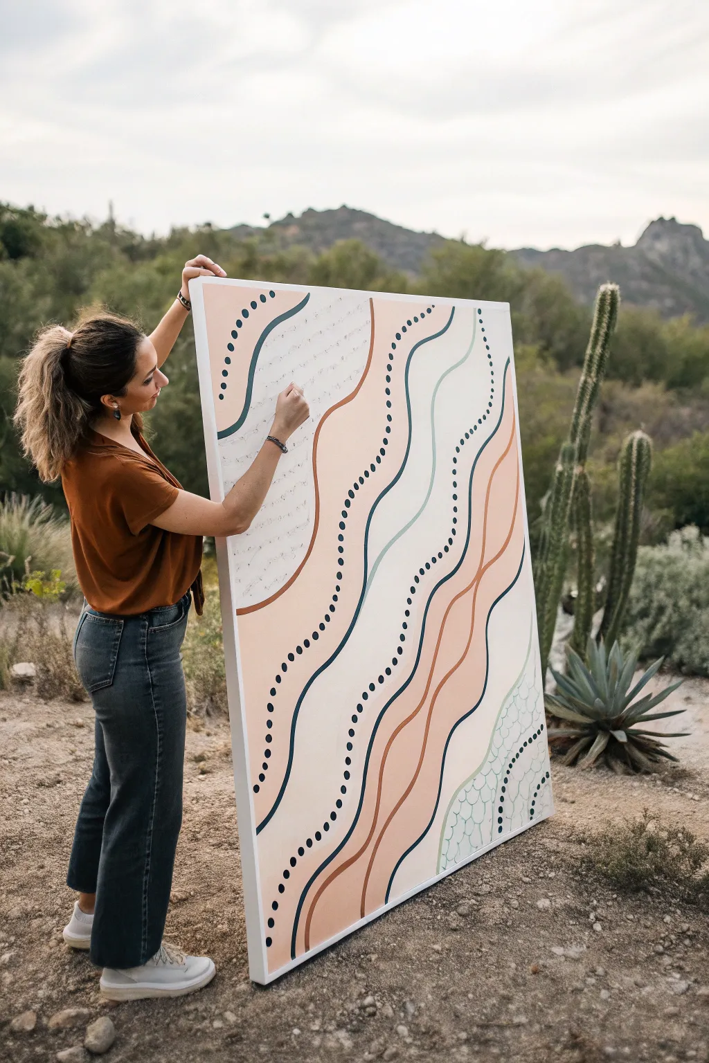 Clean wavy pattern canvas in soft boho tones for a modern minimalist painting idea