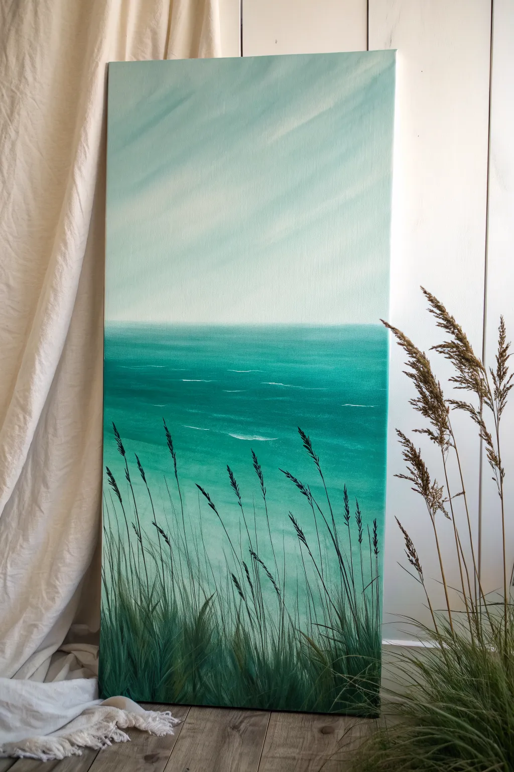 Sea-green underwater haze with sunbeams and simple sea grass silhouette for a calm canvas idea