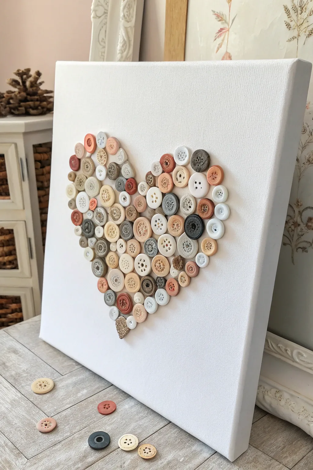 Button mosaic heart canvas with a clean painted border and cozy Scandinavian boho contrast