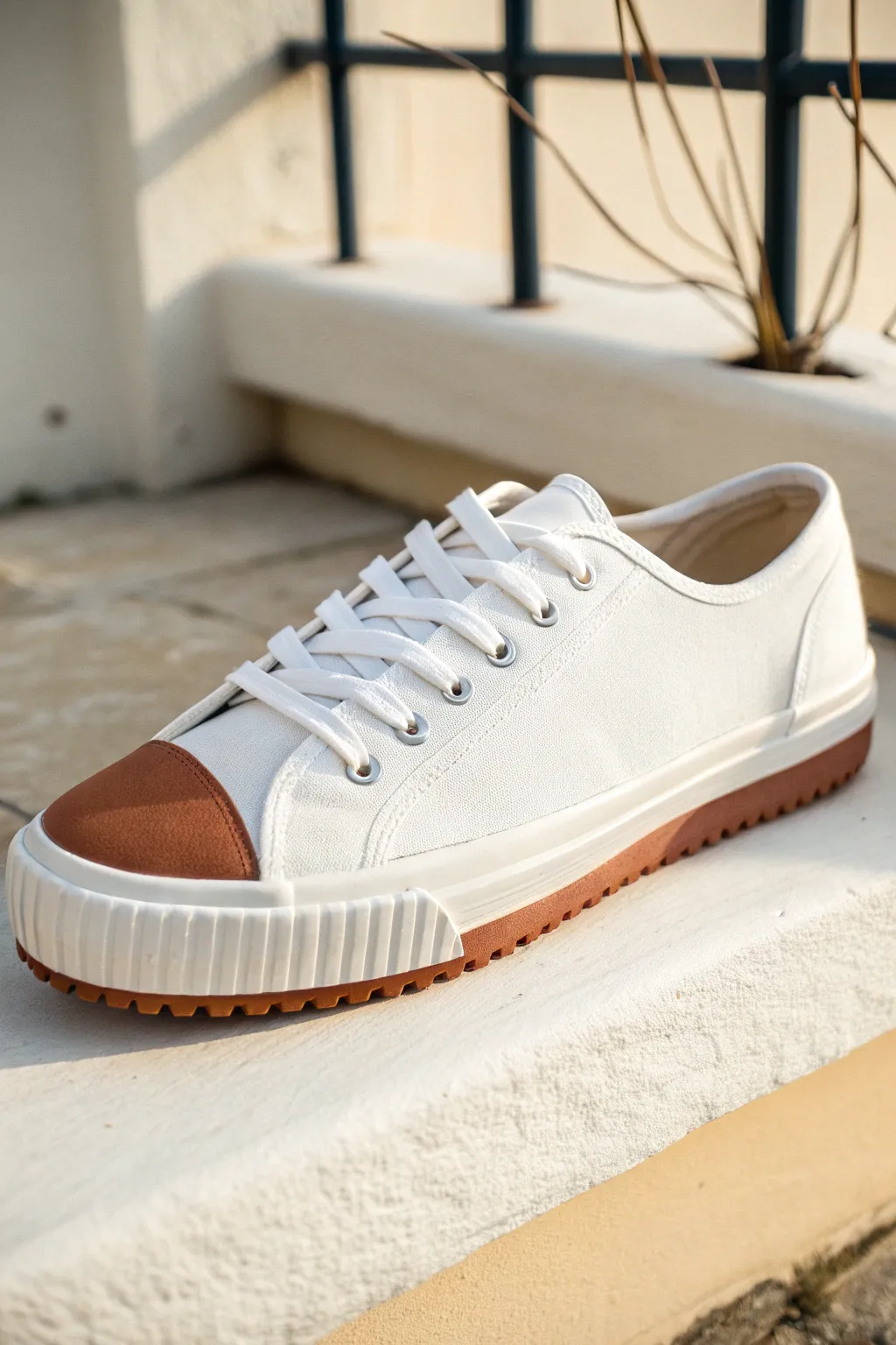 Minimal canvas sneaker with terracotta drip paint flowing neatly toward the sole line