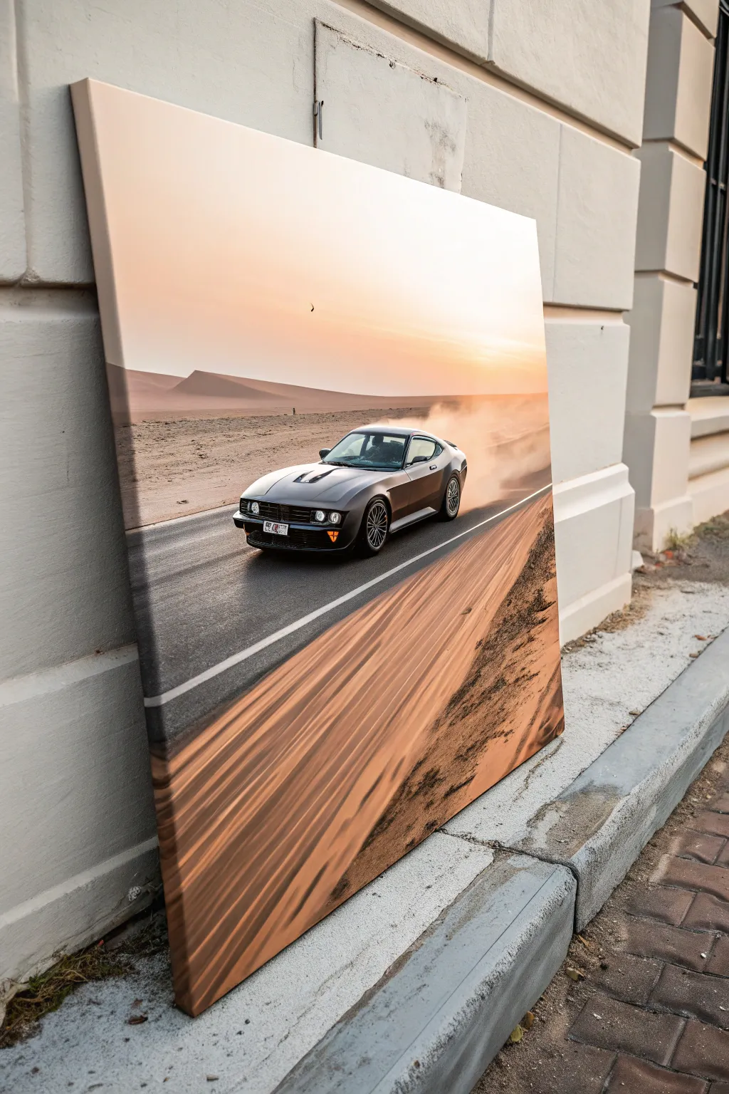 Minimal abstract car canvas: crisp front detail fading into bold horizontal color streaks