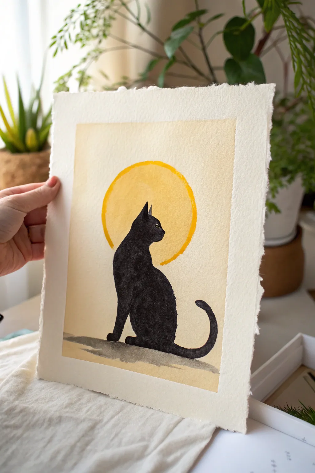 Paint a dark cat silhouette and add a thin rim-light glow for crisp, backlit contrast.