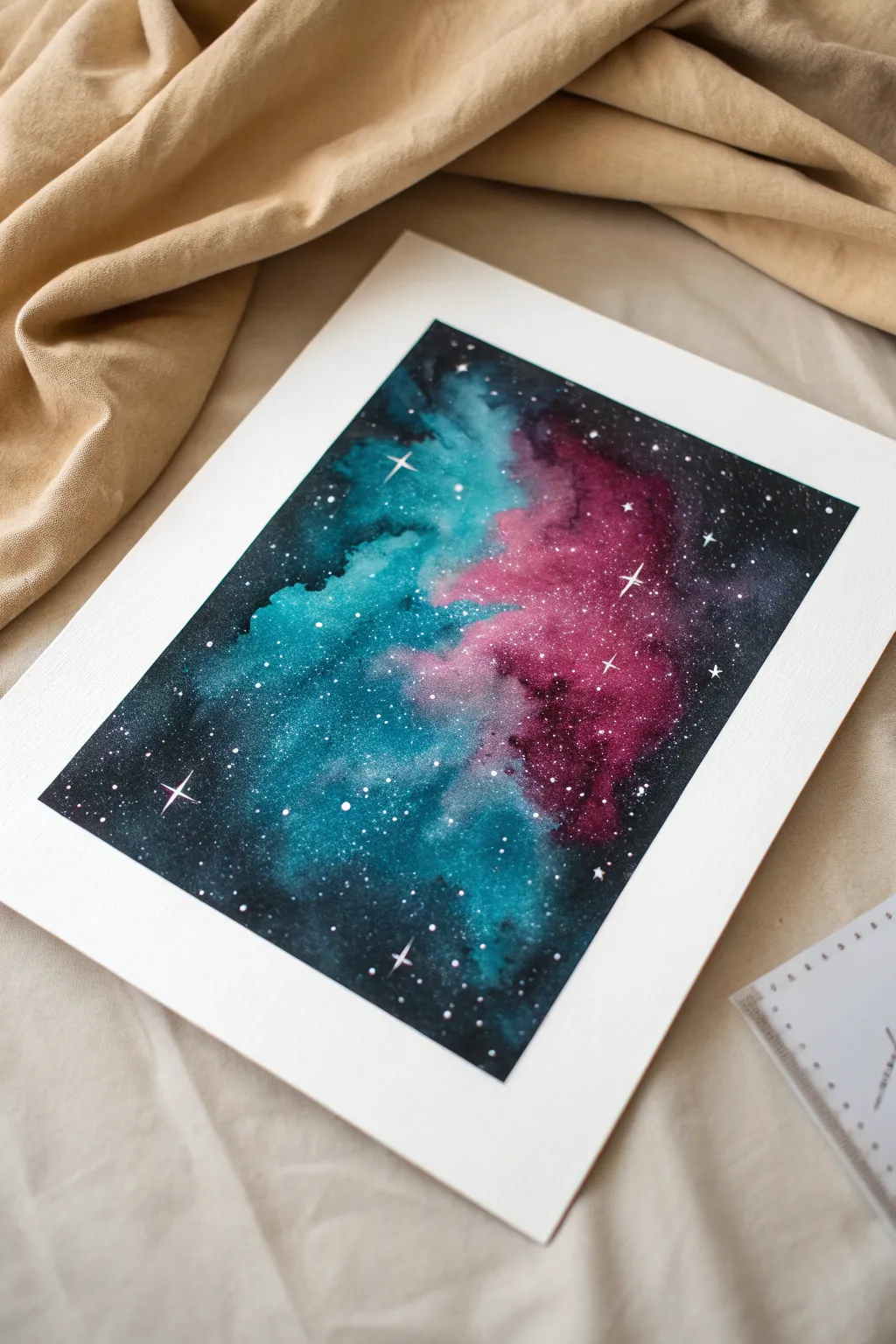 Nebula ink blooms in magenta and teal with starry splatter for celestial art inspiration.