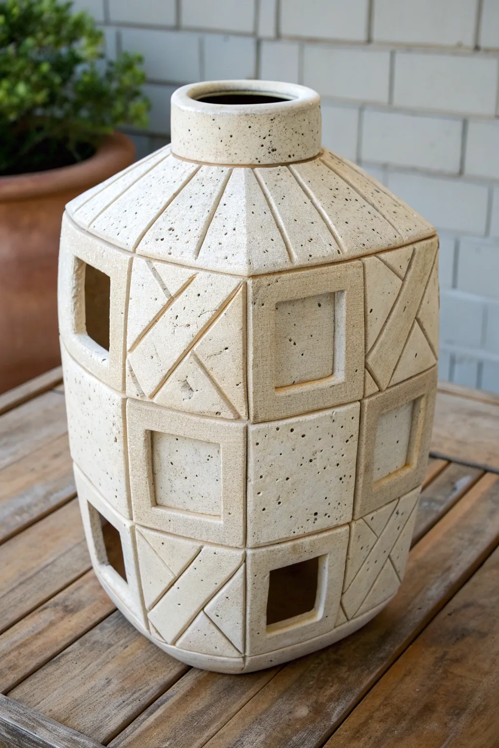 Patchwork slab vessel with bold cutout windows, minimal lines, tactile seams, and warm matte clay.
