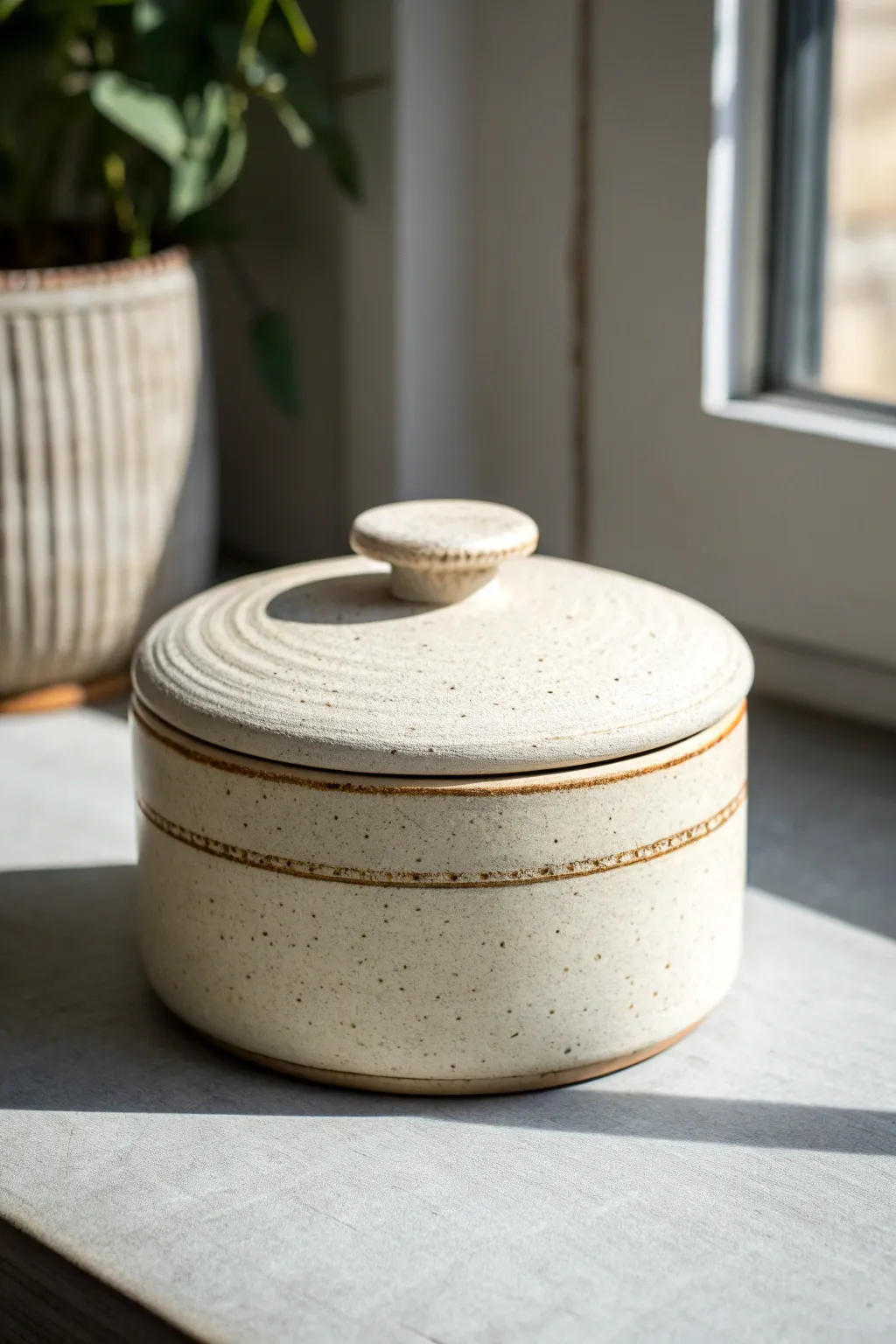 Raised trim hides the seam: a ceramic box lid lifted just enough to reveal the clever detail.