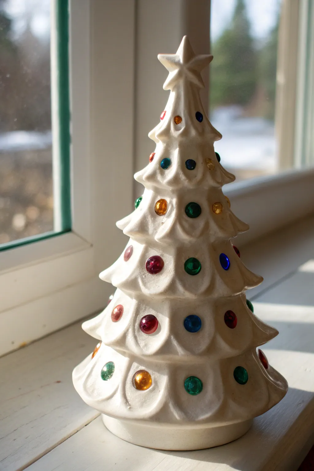 Stained-glass halos around each bulb hole for a chic, minimal ceramic Christmas tree