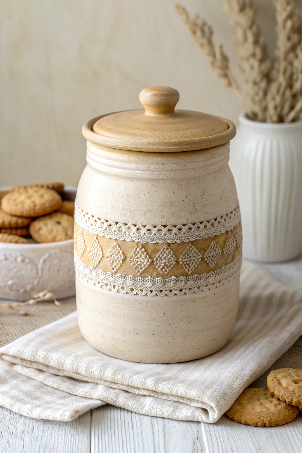Handmade ceramic cookie jar with an impressed lace band, side-lit for rich texture shadows