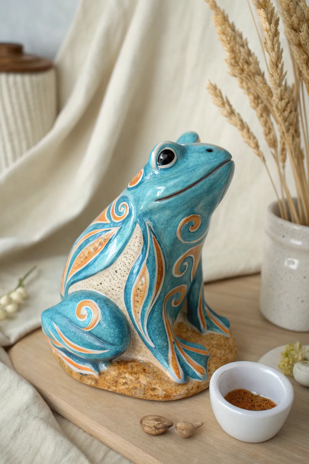 Koi pond inspired ceramic frog with blue swirls and warm accents, serene minimalist vibe