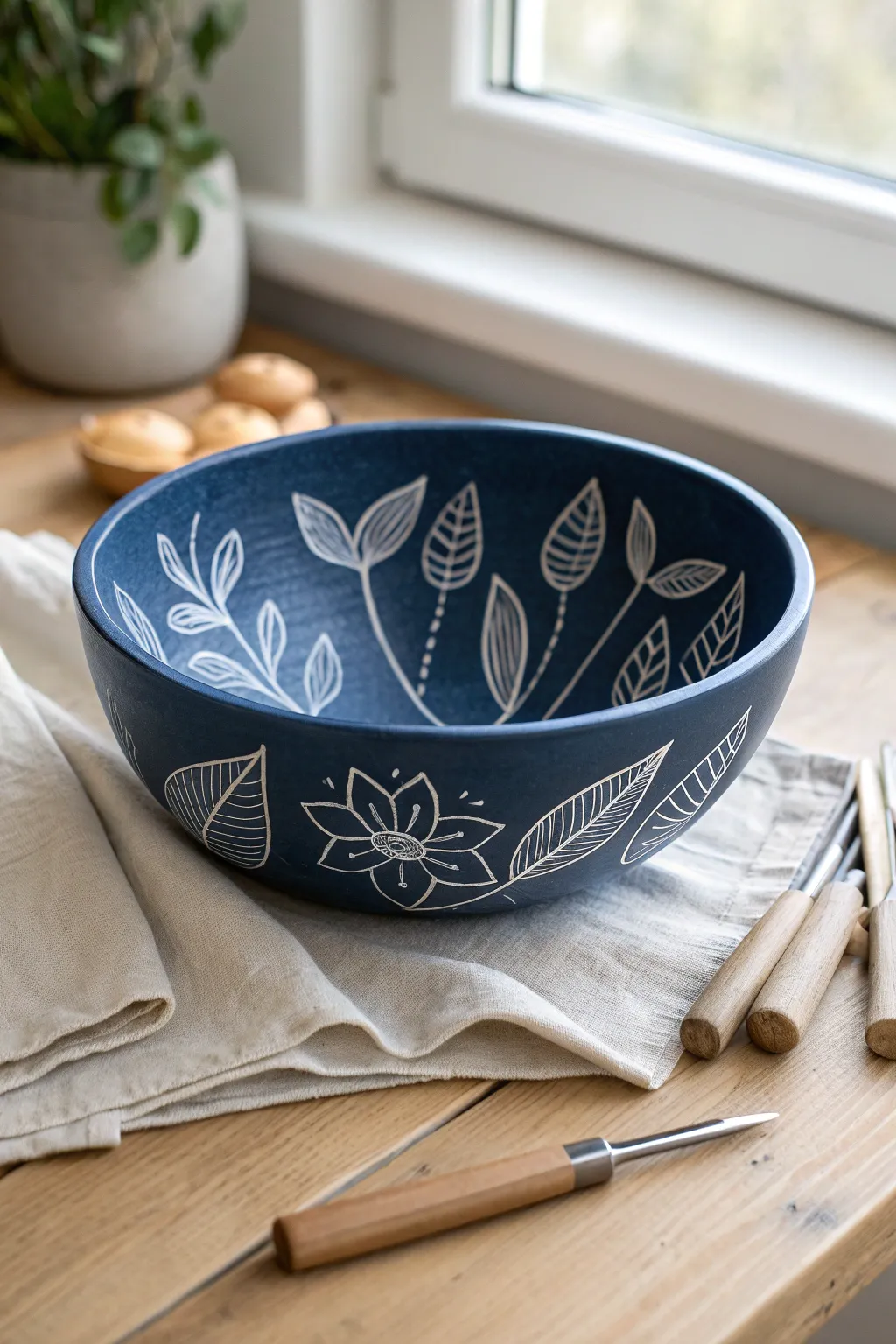 Sgraffito in progress: bold carved lines on underglaze, minimal tools, natural light calm.