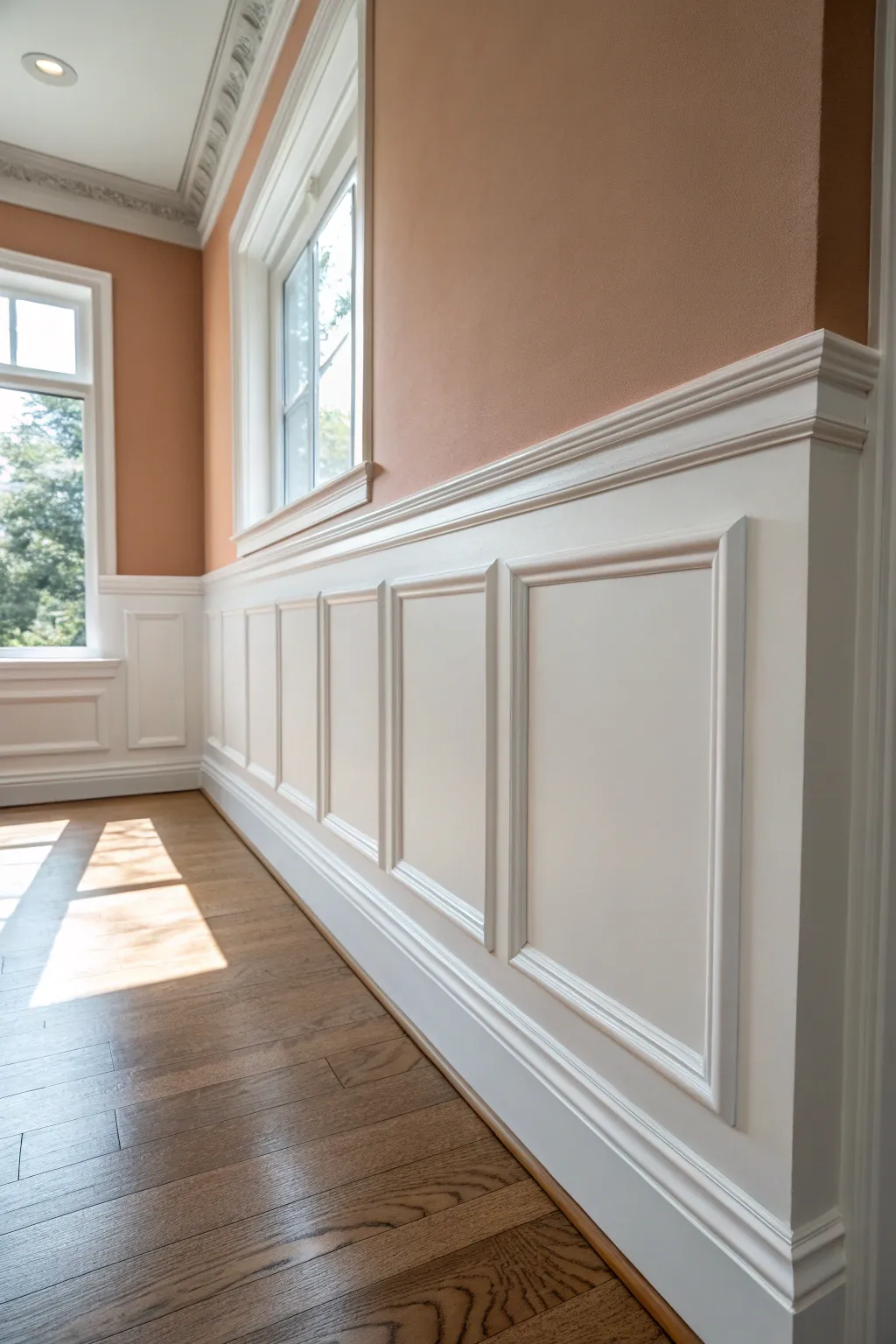 Chair rail blends into the upper wall, letting the contrasting lower color feel softer and modern.