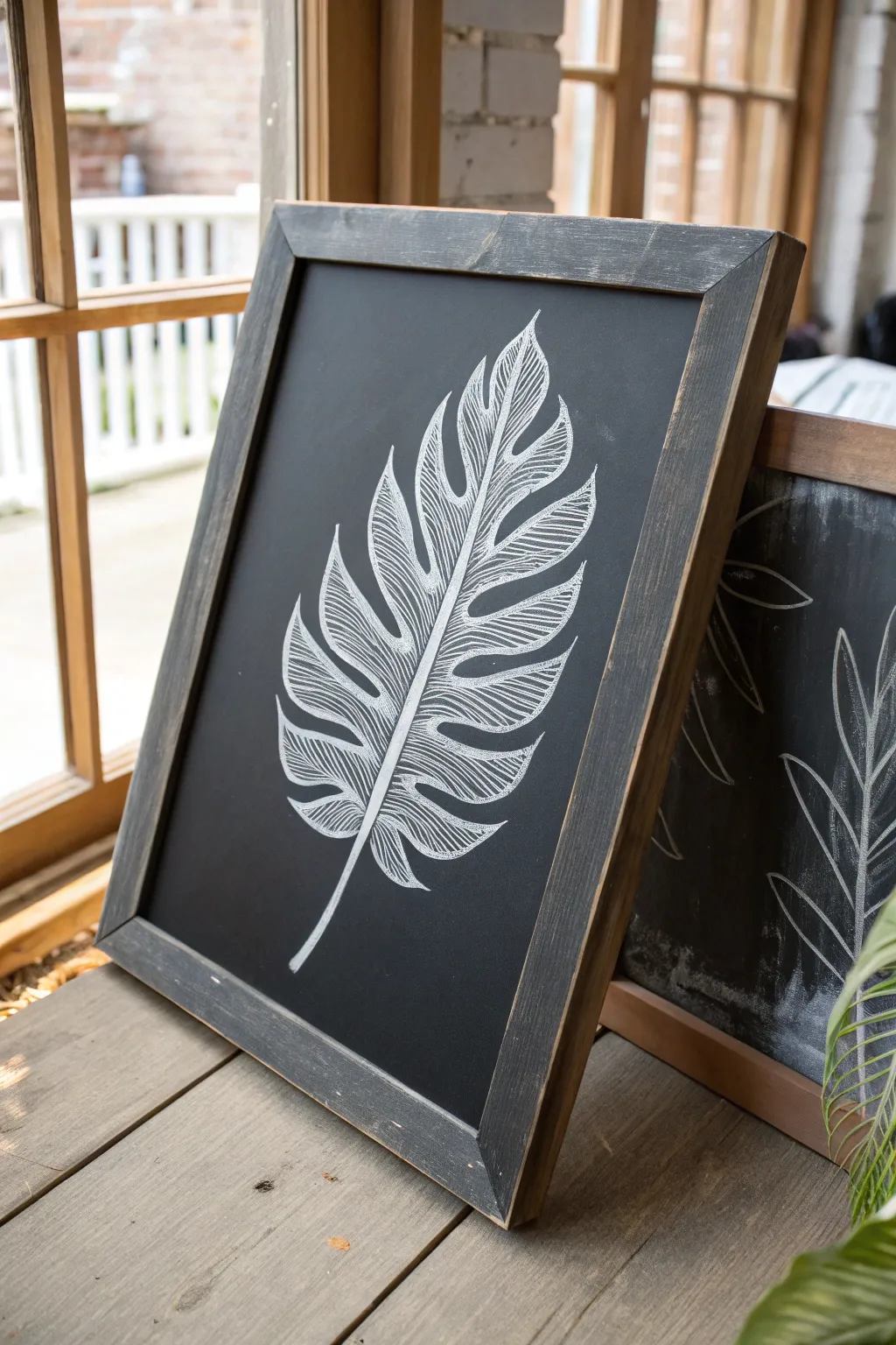 Add depth with crisp chalk outlines and soft finger-smudged shading on a single botanical leaf.