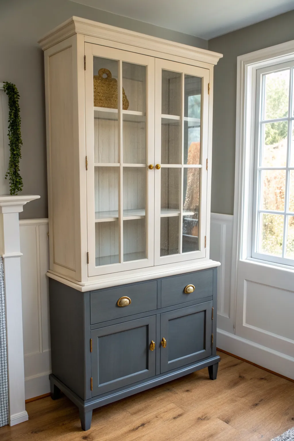 Color-blocked chalk paint china cabinet: soft light upper hutch, dark base, and brass hardware