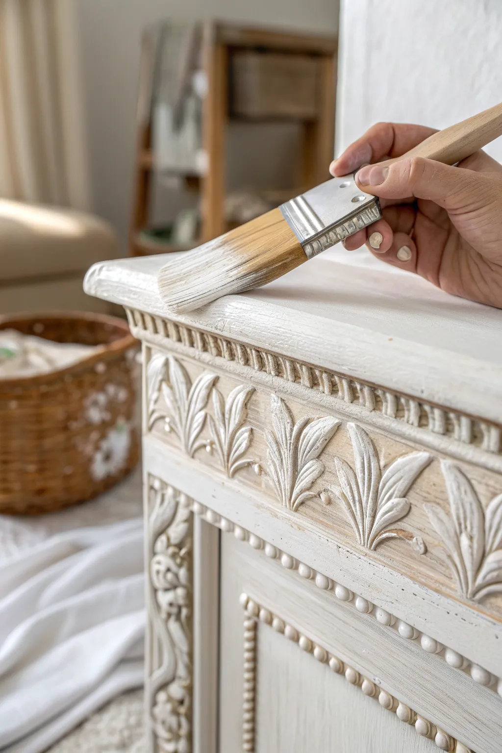 Feathery dry-brush chalk paint highlights that make carved trim details look crisp and handmade.
