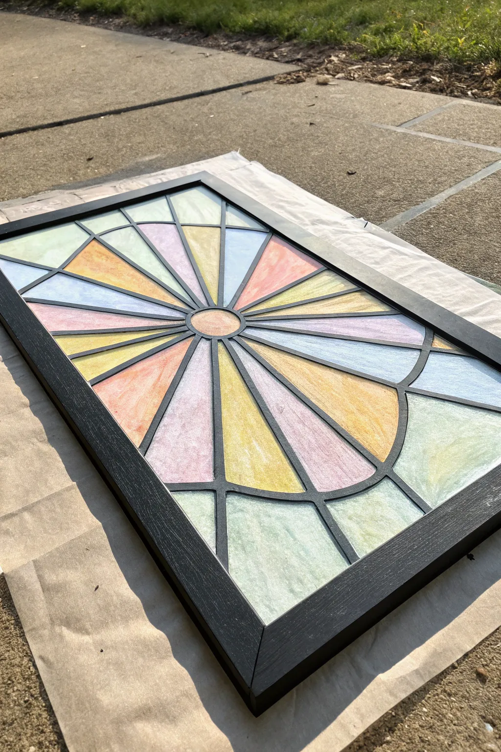 Create a stained-glass glow with chalk pastels using bold black outlines and radiant color panels.