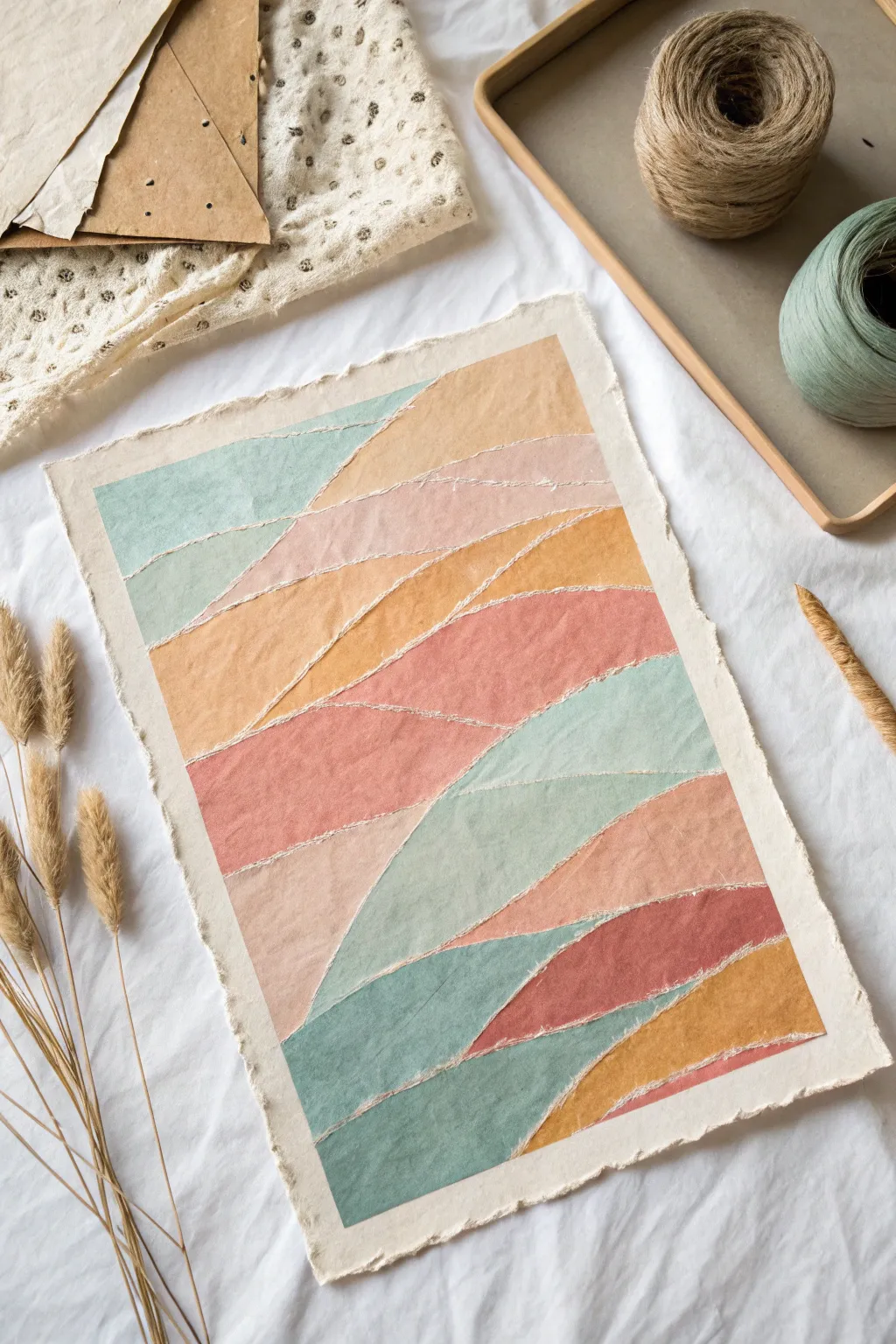 Soft chalk pastel glows over torn neutral collage layers, minimalist texture with cozy contrast.