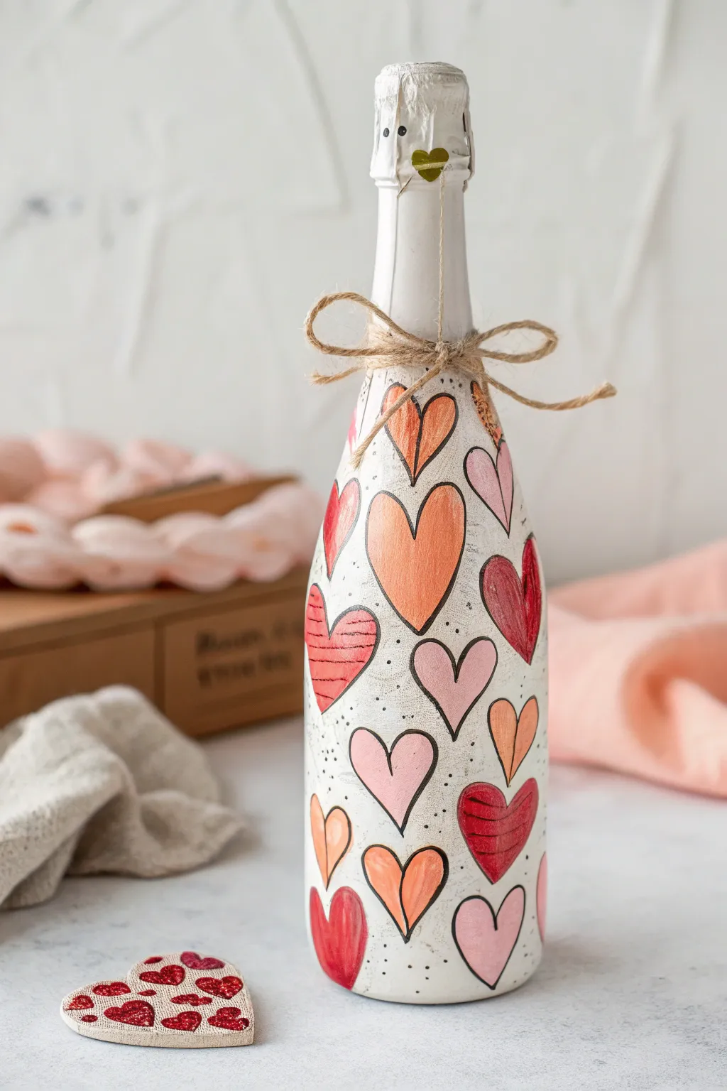 Hand-painted champagne bottle with cheerful heart motifs and a simple linen bow