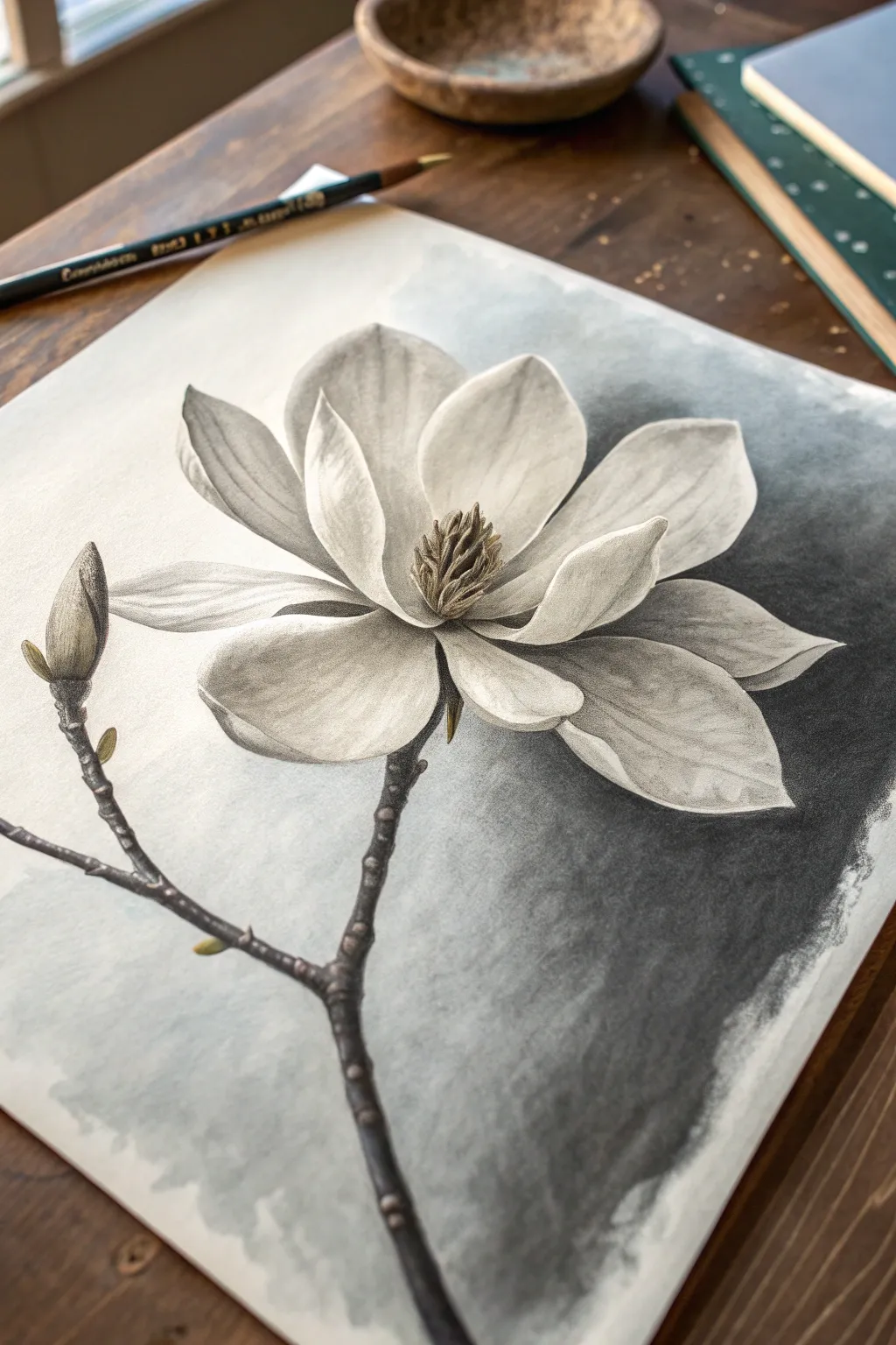 Charcoal magnolia close-up with crisp details and a dreamy smoky gradient for depth-of-field vibes