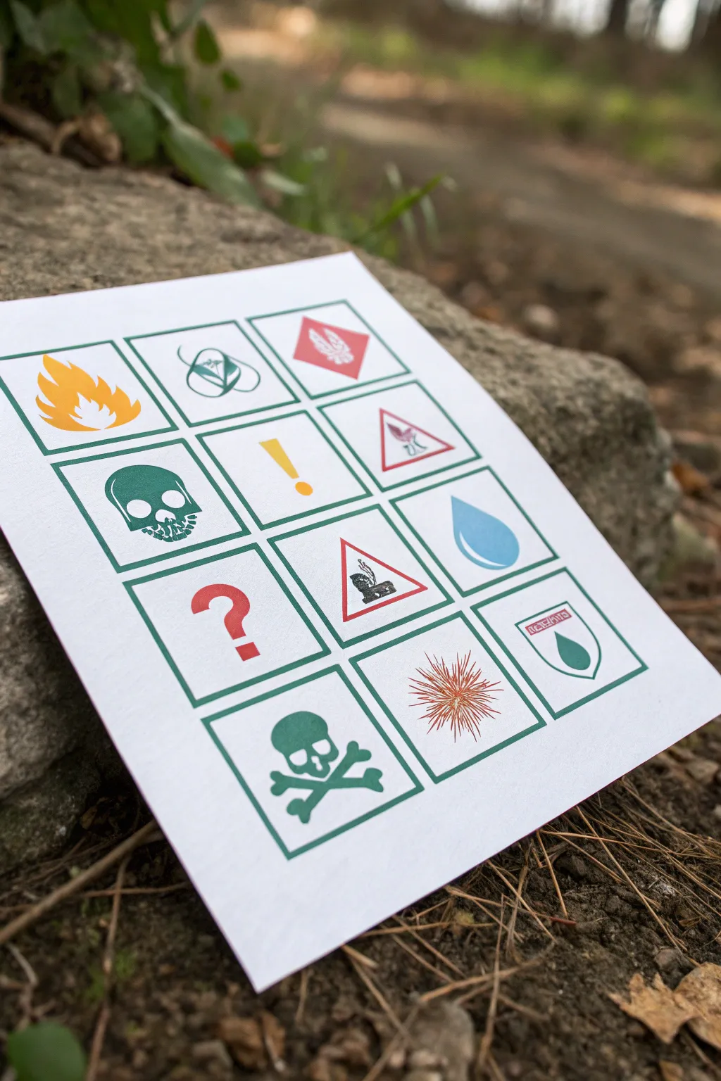 Pop-color safety symbols in a crisp minimalist grid, a bold chemistry painting idea to try