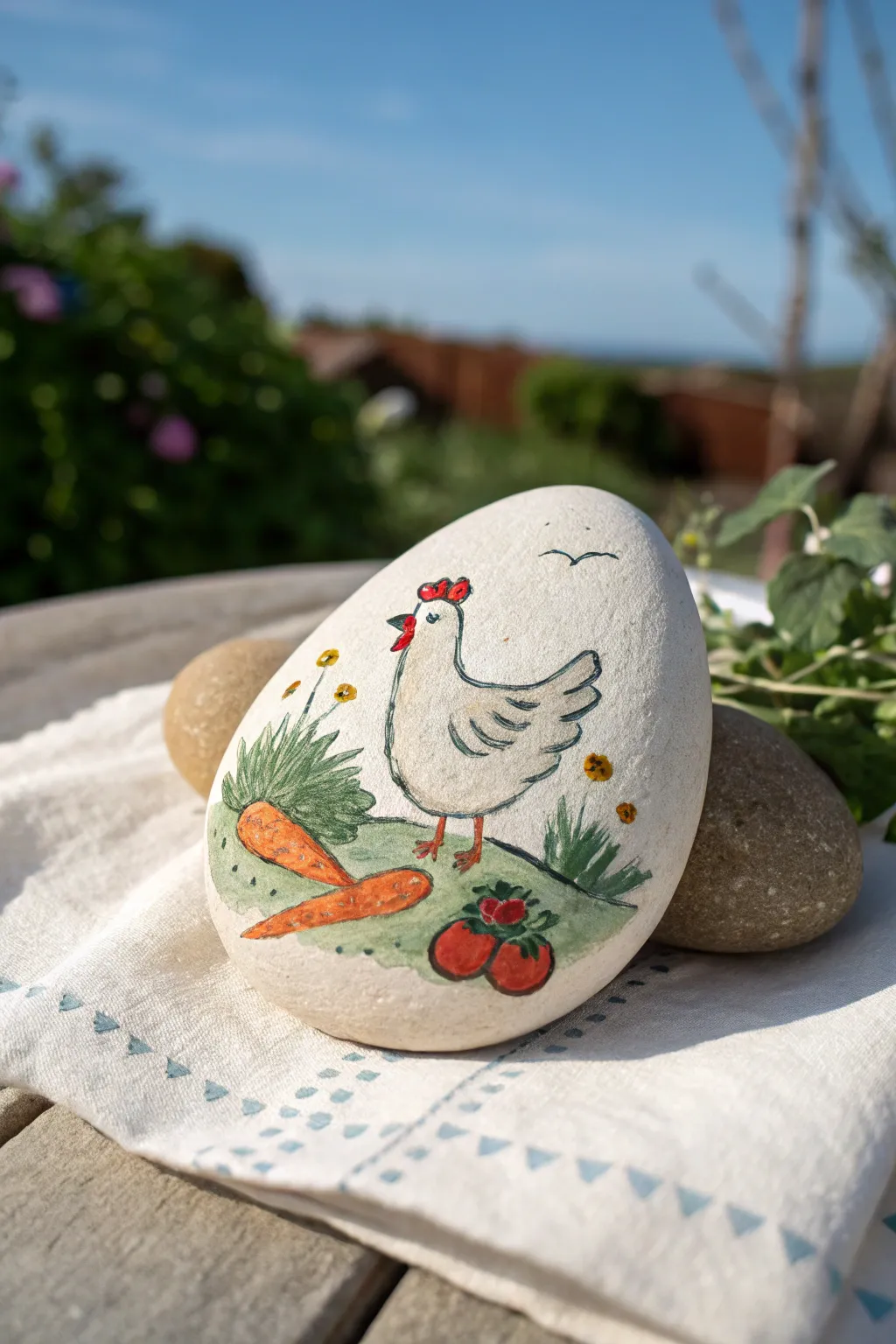 Chicken in a veggie garden rock painting idea with a clean sky-blue background and cozy handmade charm