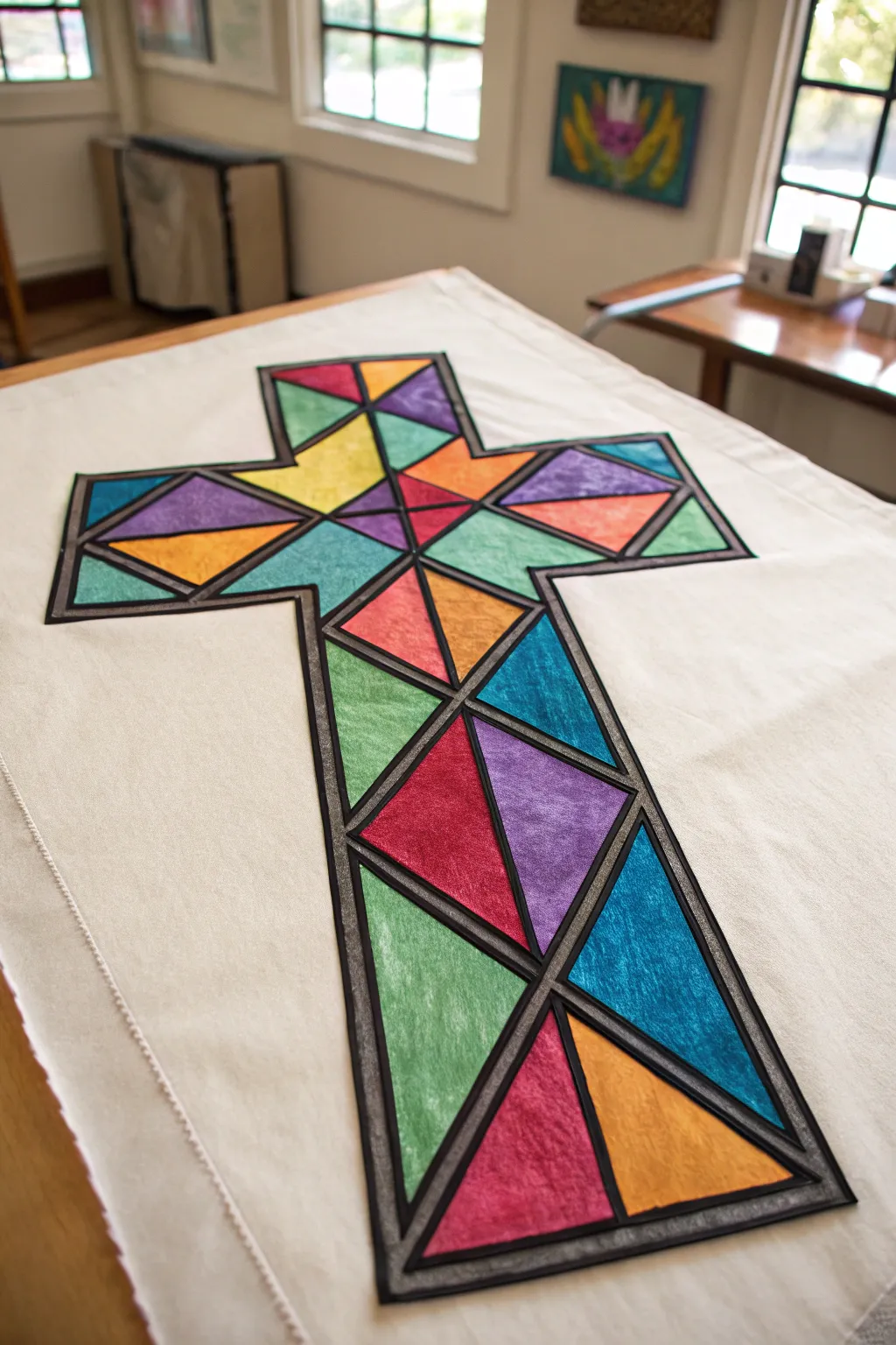 Stained-glass cross color blocking in jewel tones for a modern, minimalist Christian painting idea