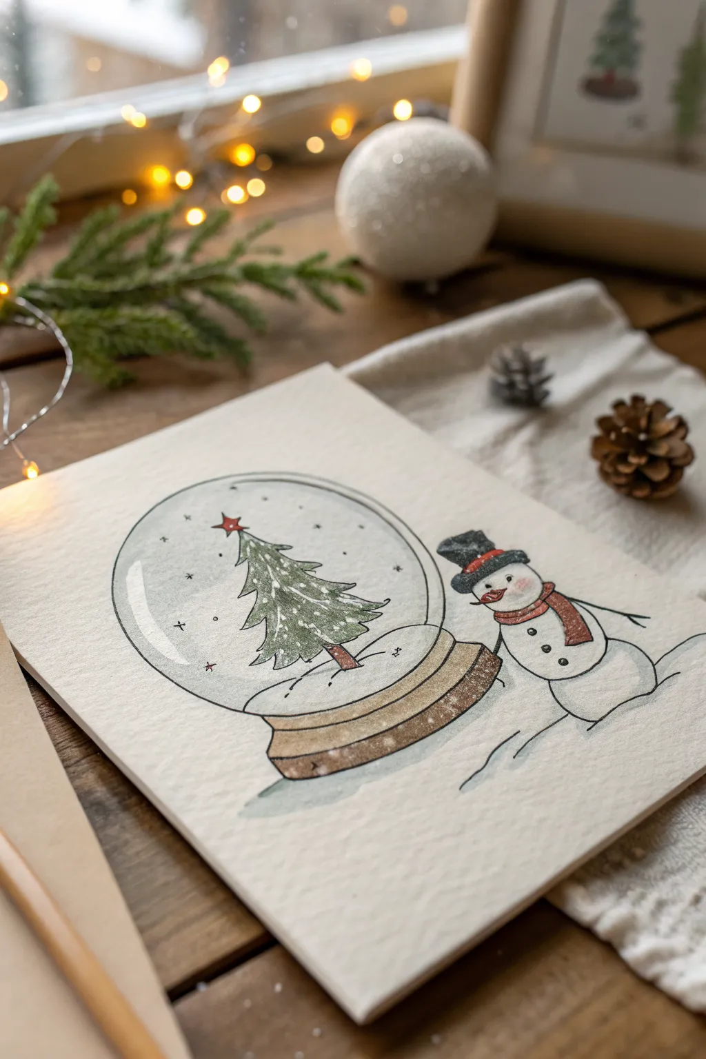 Minimal snow globe drawing idea with tiny tree and snowman, perfect for cozy Christmas sketches