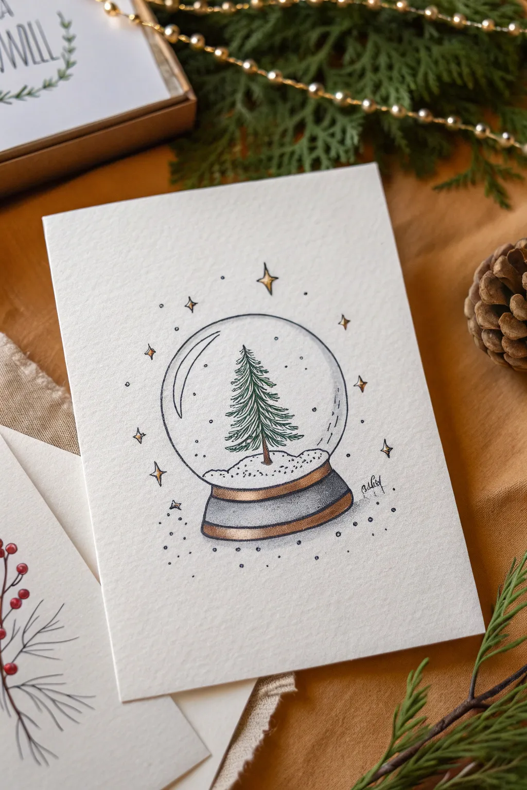 Draw a minimalist snow globe scene with a tiny tree, snowdrift, and gentle sparkling snowfall.