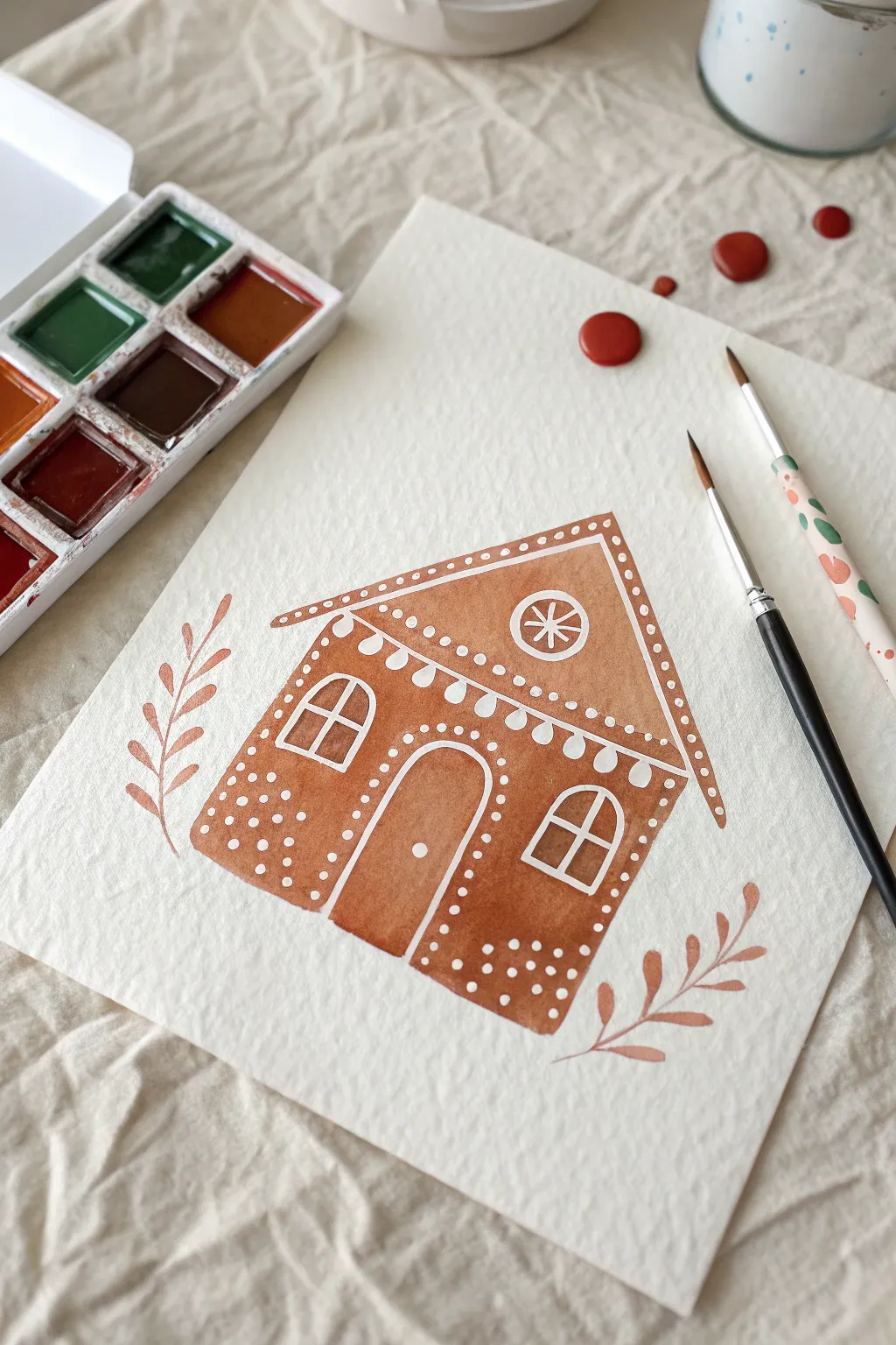 Paint this charming 2D gingerbread house using simple shapes and white details.