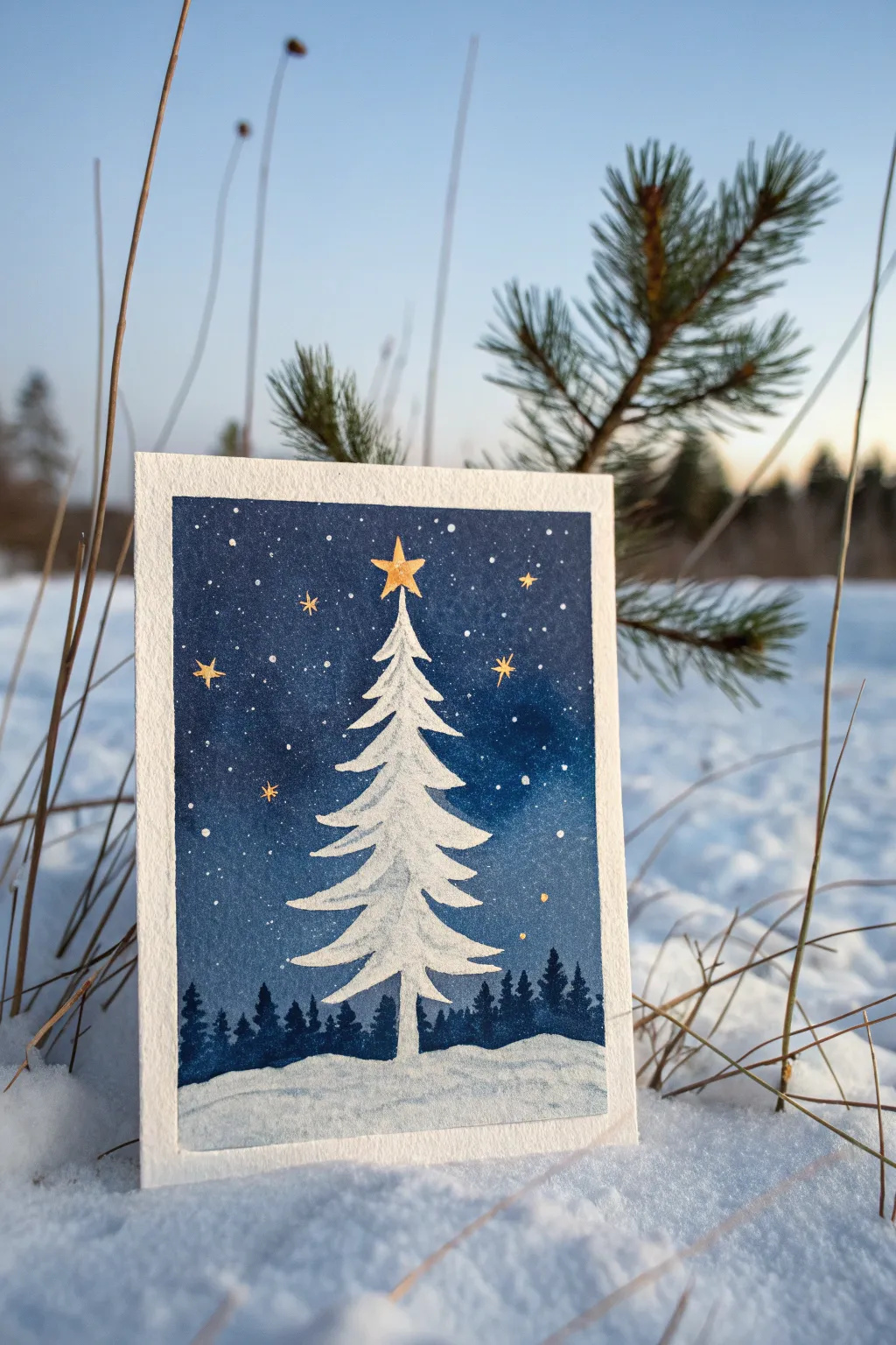 Calm winter night watercolor with starry snow and a tiny Christmas tree silhouette kids can paint