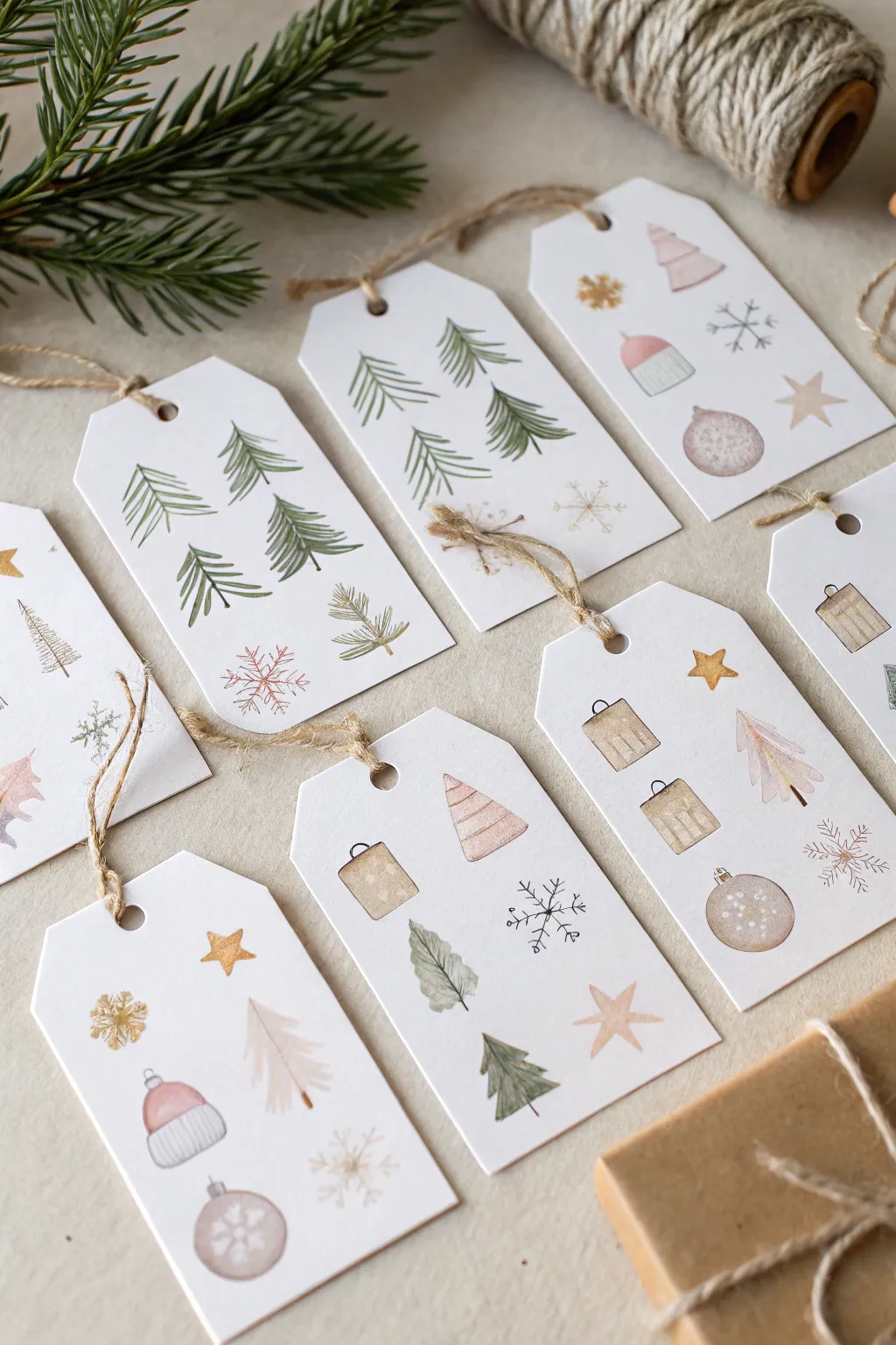 Minimal watercolor gift tag sheet with tiny holiday icons, clean margins, ready to cut and gift.