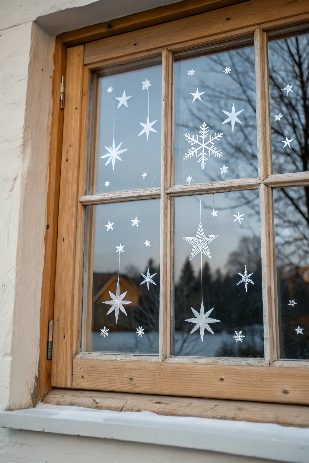 Airy Christmas window starbursts in crisp white, minimalist and calm with plenty of space