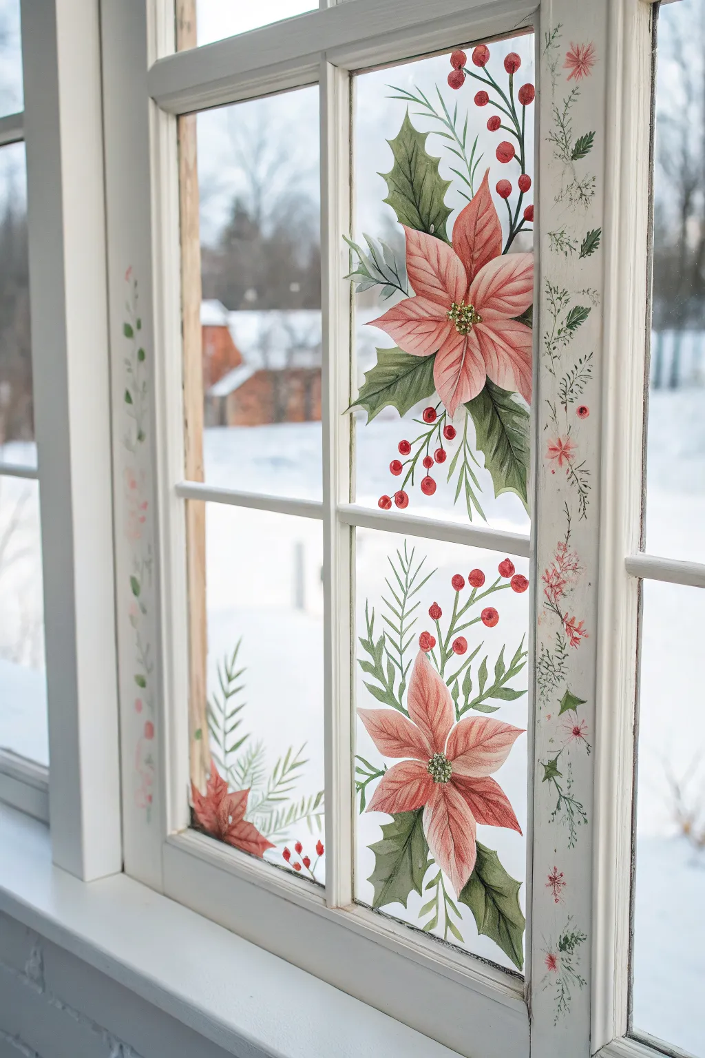 Paint festive poinsettia and mistletoe corner clusters for a crisp, cozy Christmas window