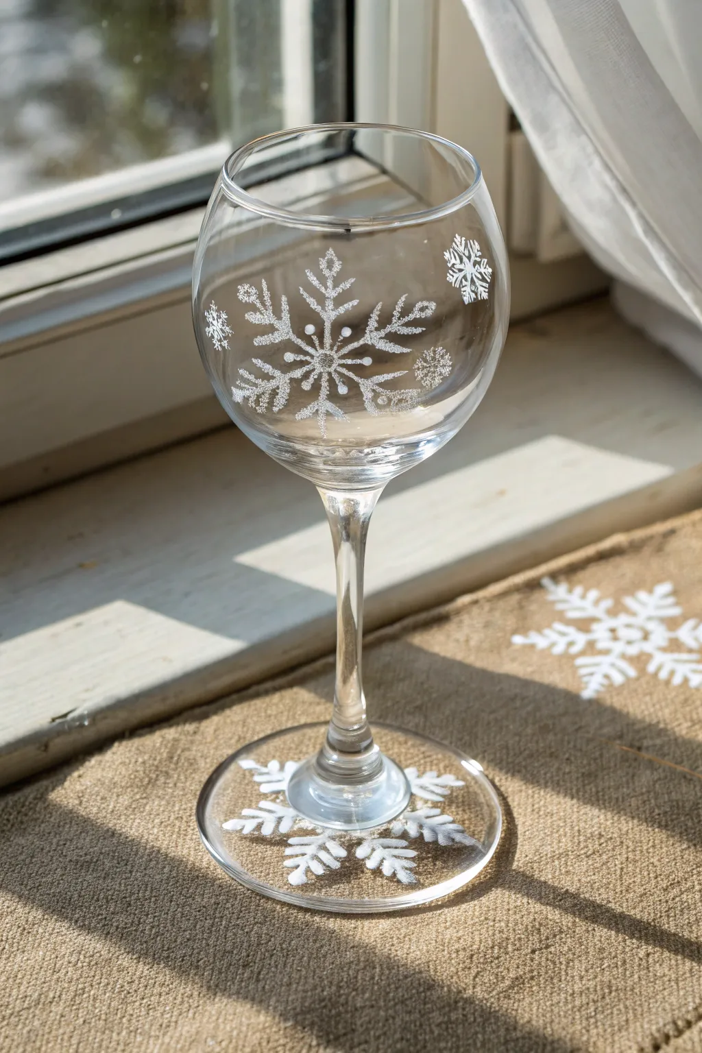 Peek-a-boo snowflake hidden under the base for a minimalist Christmas wine glass paint idea