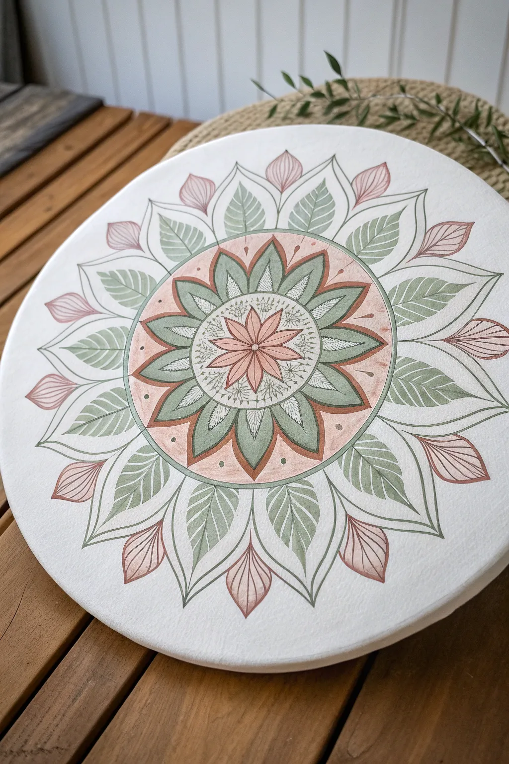 Botanical mandala on a round canvas, crisp lines and soft earthy hues for calm minimal style